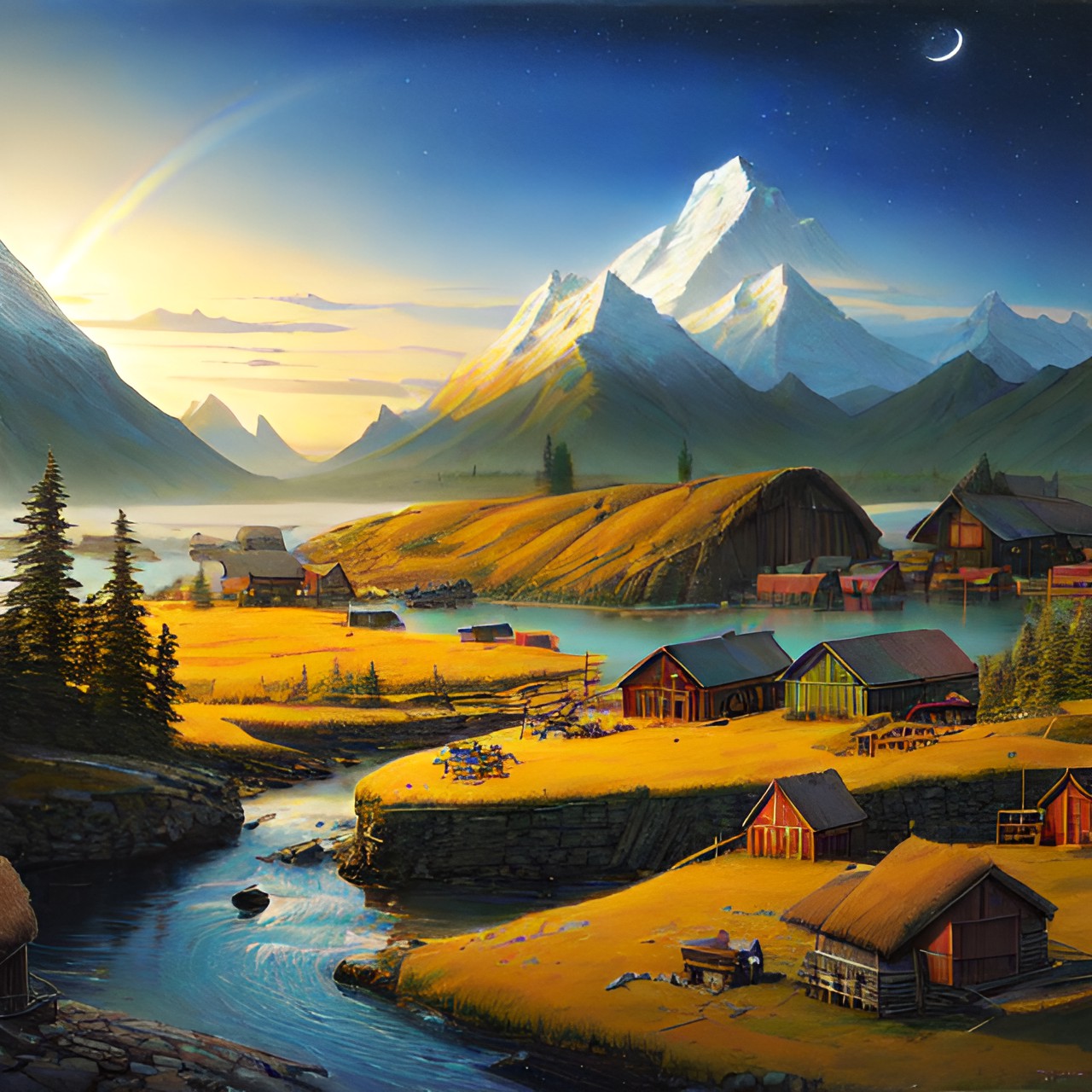 landscape drawing of the native alaskan village selawik. include rainbow bridge and inupiaq imagery preview