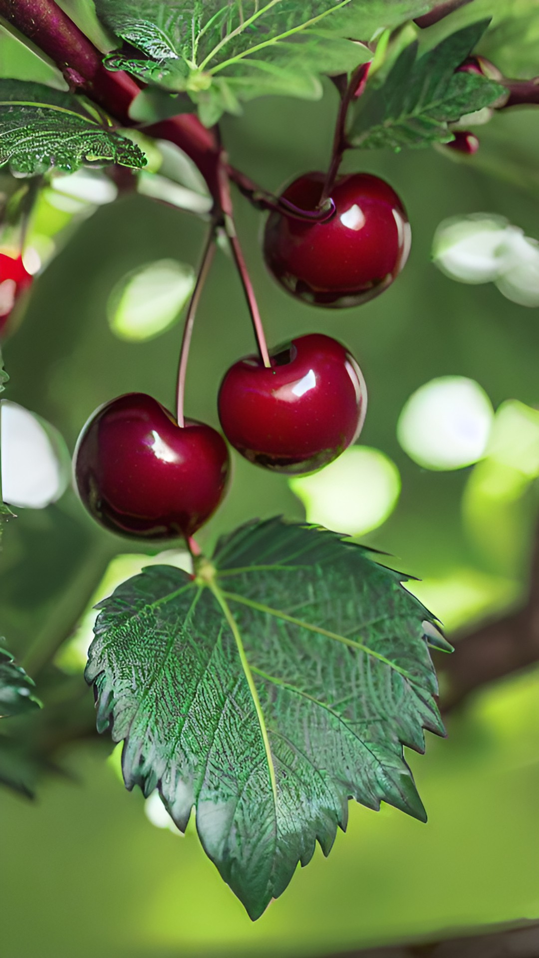 nestled amidst lush green leaves, the cherry stands as a tantalizing temptation. its smooth, glossy skin gleams in the light, reflecting a subtle sheen that enhances its allure. each tiny detail is meticulously crafted, from the delicate creases near the stem to the slight gradient of shades across its surface. preview