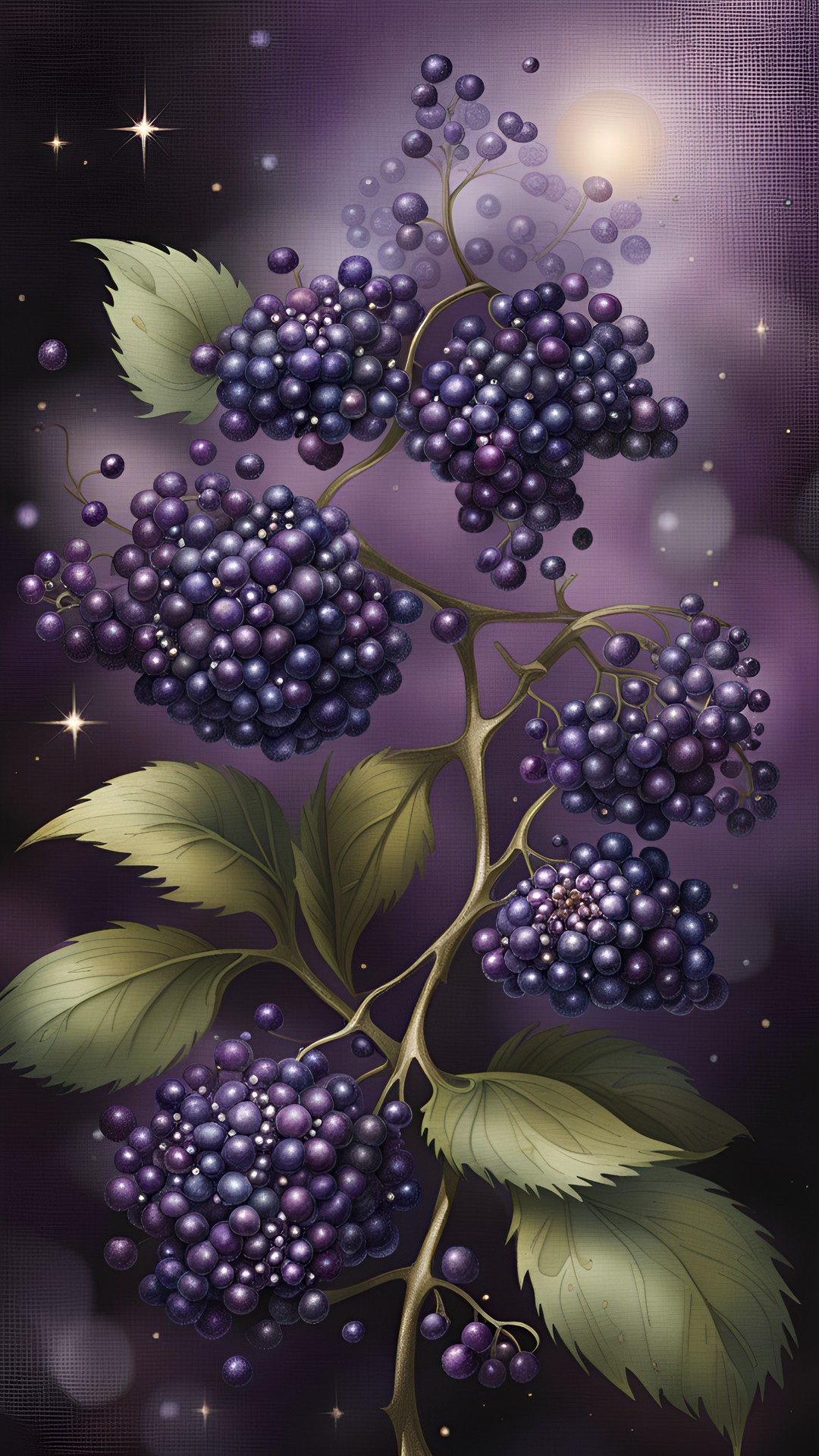 the color of this enchanted elderberry transcends the ordinary, shimmering with shades of lustrous violet, intertwined with wisps of mystical silver. each tiny berry seems to hold a galaxy within, as if the stars themselves were captured in its delicate form. preview