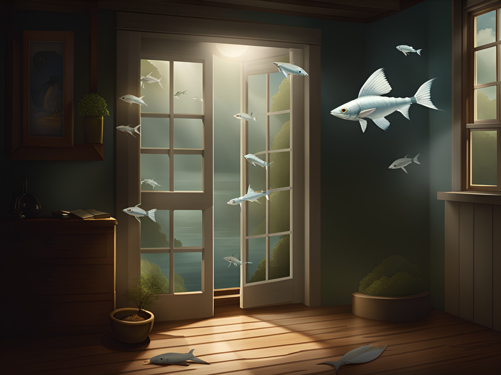 had a dream that a flying fish, white and long, came through the open 2nd story window. i tried to chase it out the window, but my hands were full and it flopped off the sill and then flew inward and toward the door. i kicked at the door, but it closed too slowly and only caught its tail in the door... and then it wriggled free. preview