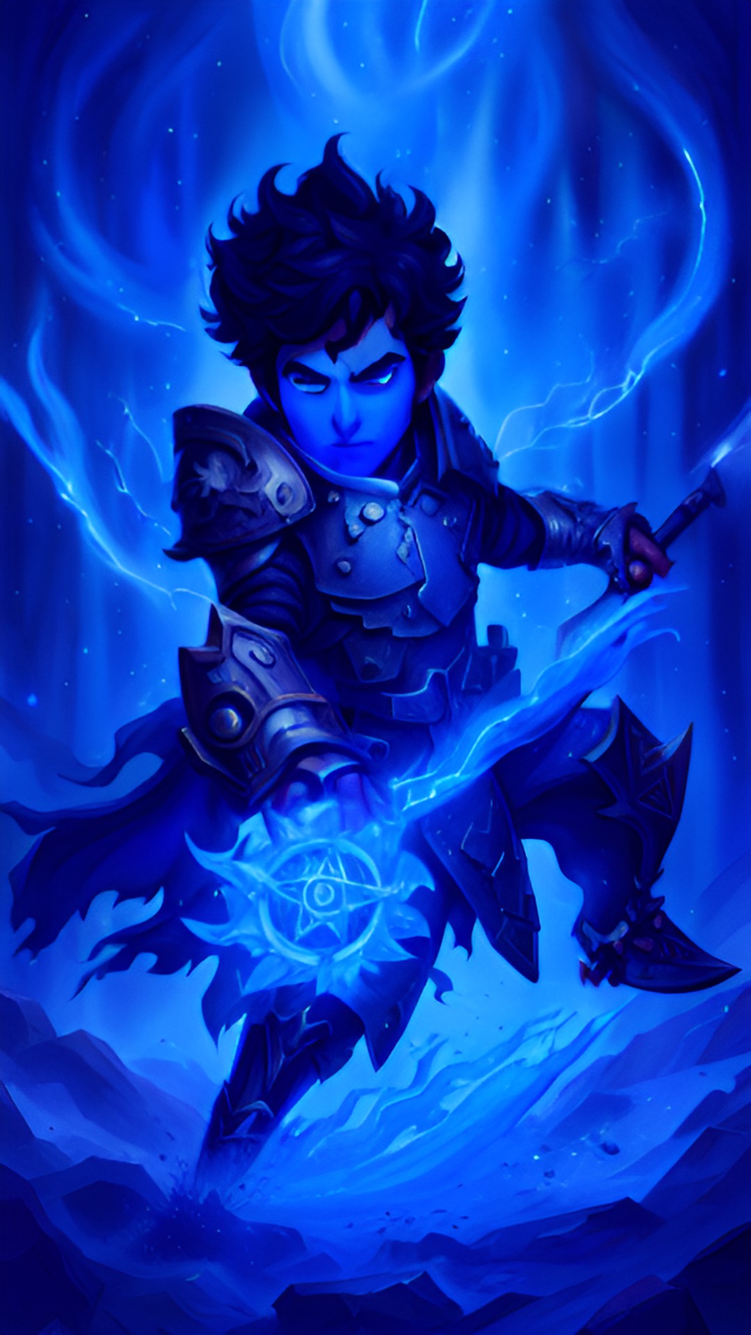 a chaotic good, male, who has light blue colored skin, black hair, and is a water genari and a paladin who is wielding a morningstar preview