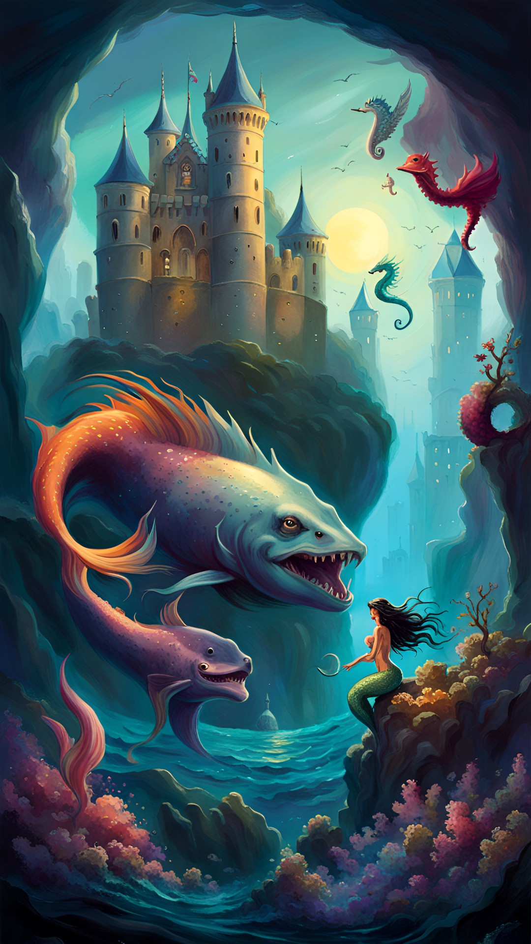 mermaid and a fish and a seahorse with a castle behind the mermaid song to sea preview