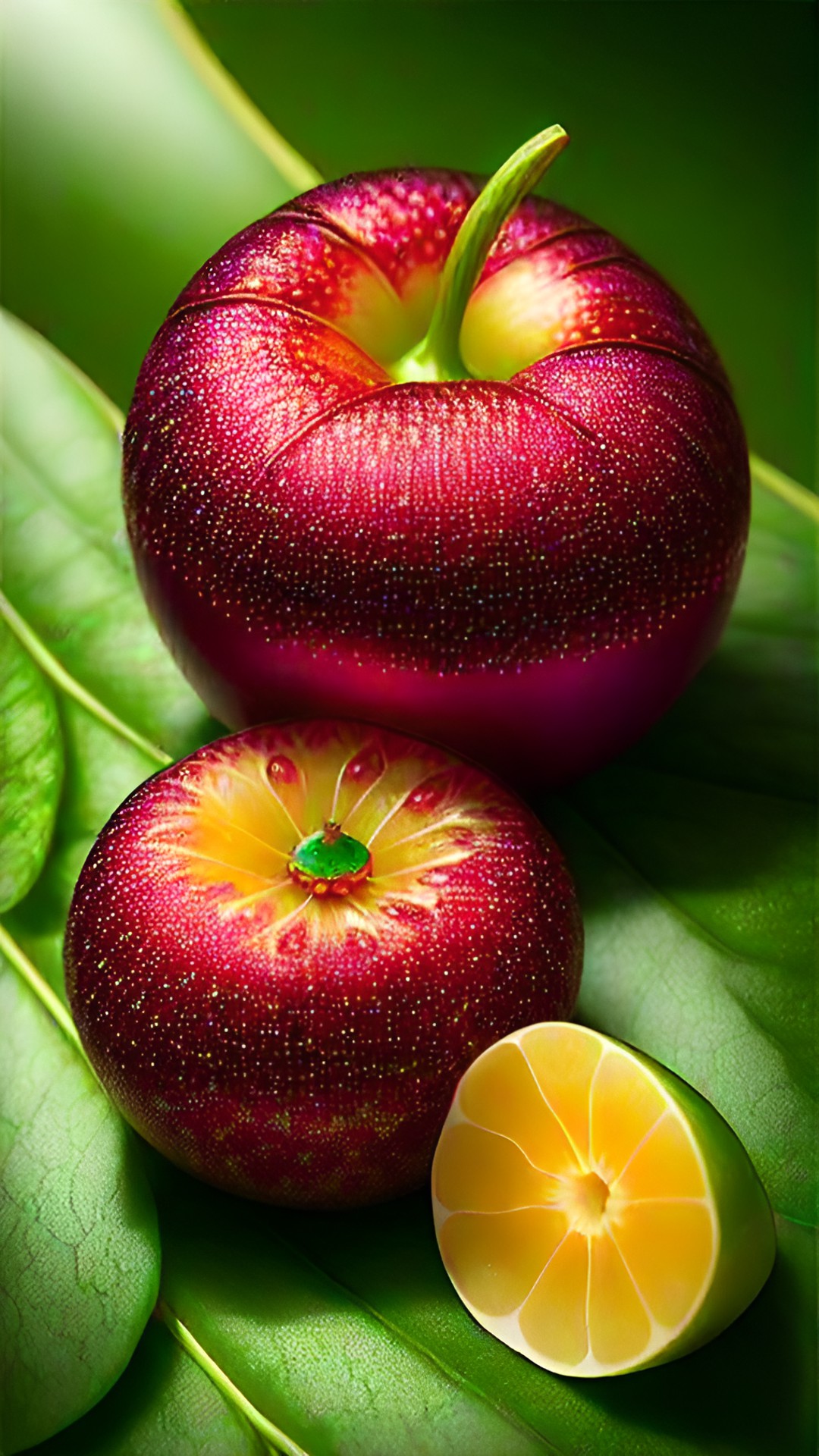 the yangmei fruit , a small and plump delicacy, nestled among lush green foliage. its shape is reminiscent of a precious jewel, radiating a luscious charm that is almost impossible to resist. the skin is smooth and delicately textured, boasting a brilliant crimson color that hints at the juicy delight within. preview