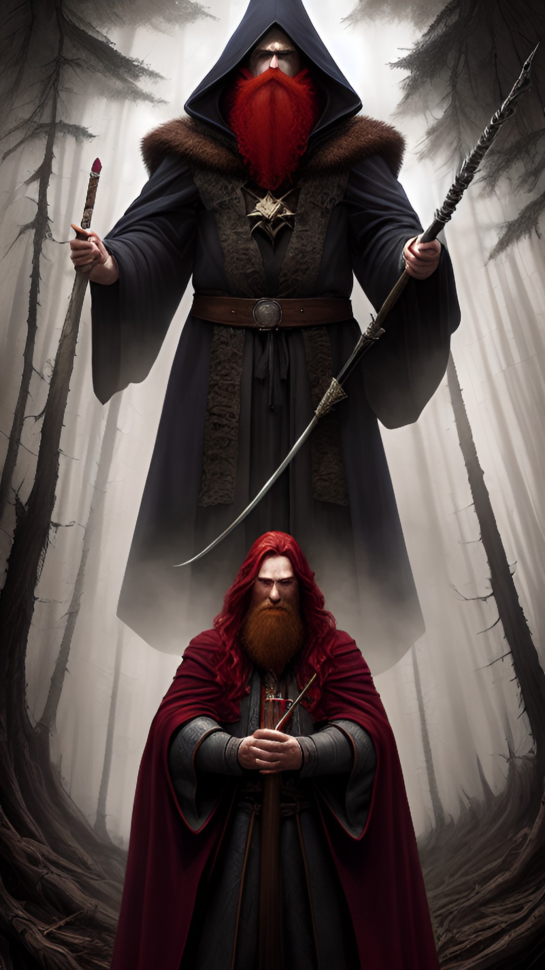 wizard, cloak, staff, red hair, red beard, casting spells, dark forest preview