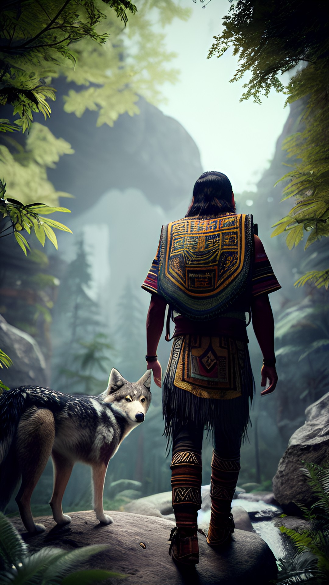 Moroni wandering - wandering mayan man in simple animal skins, has a pet wolf beside him , deciduous forest with rocky cliffs preview