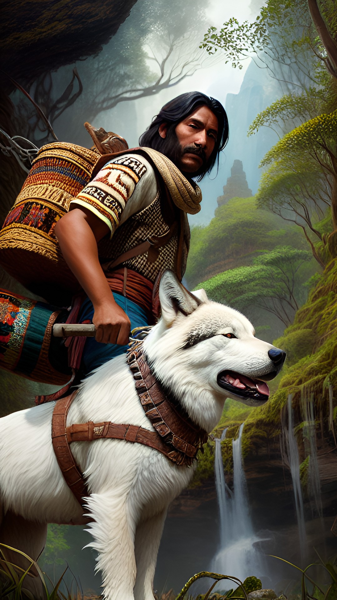 wandering mayan man in simple animal skins, carrying heavy pack, has a pet wolf beside him ,forest with rocky cliffs preview