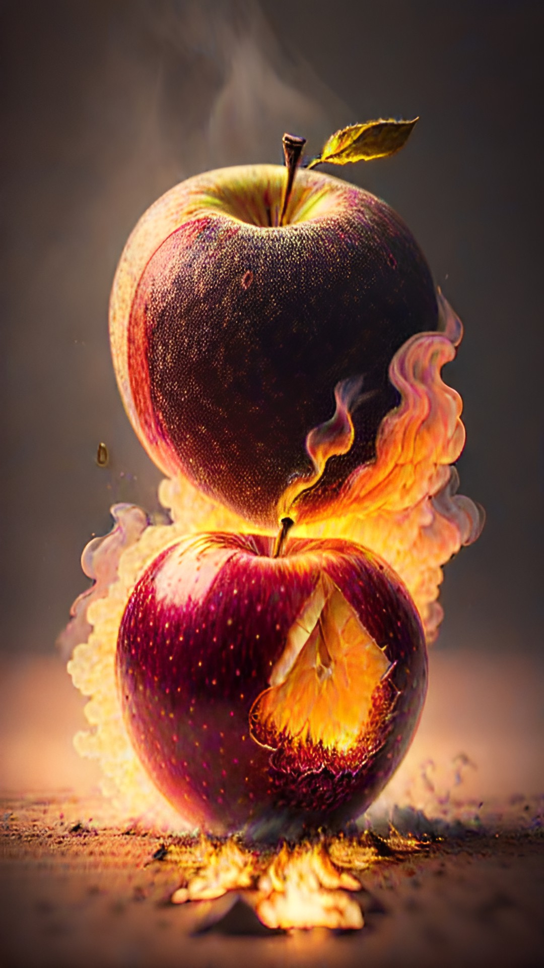 fresh juicy apple getting burned by fire and shedding its skin preview