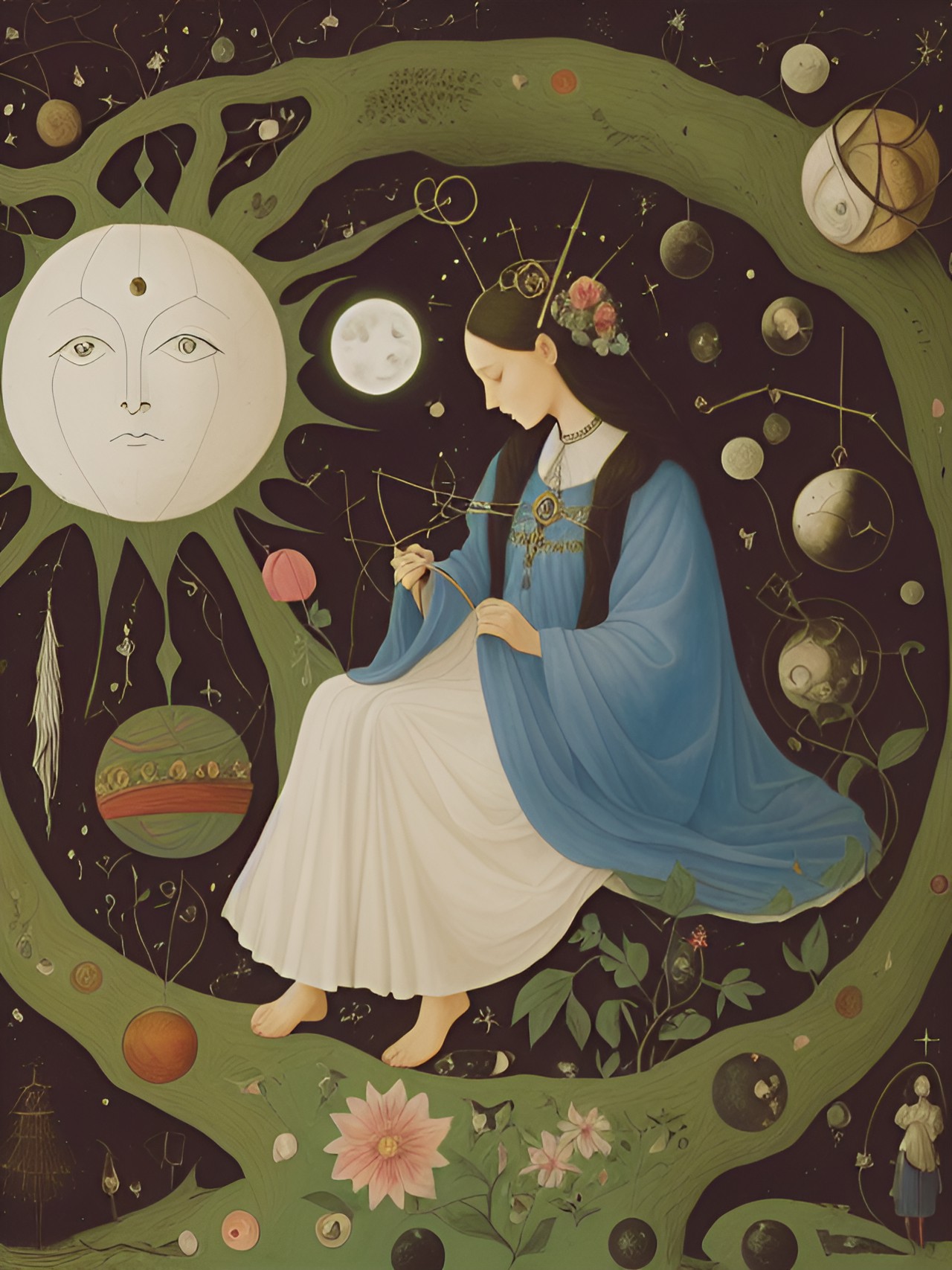 magic, mysticism, a fairy tale, the moon and the sun, roots, infinity, the thread of the earth, a woman weaves threads, threads from a ball of wood, cotton, flowers, high hair grows into roots - a wom preview