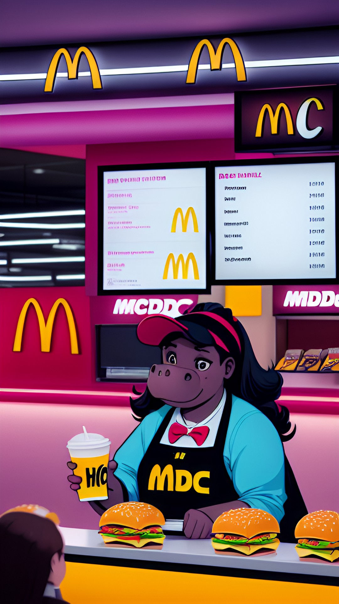 draw a hippo woman ordering food from mcdonalds in a dc comic art style, with dramatic lighting angles and lots of shadows preview