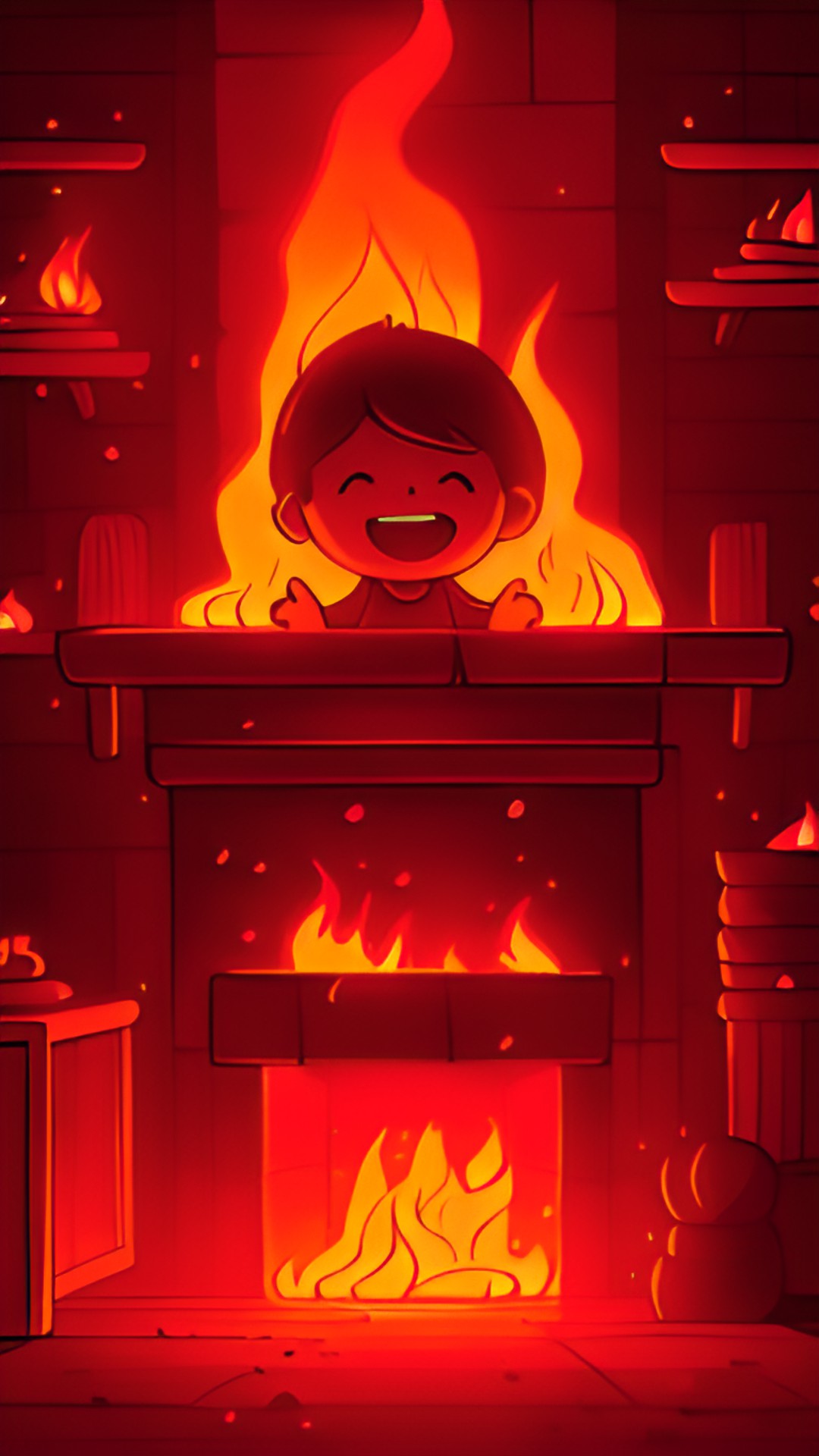 Child in a fire - fire burning brightly in a fireplace. the flames are leaping and dancing, and the logs are crackling. the room is warm and cozy. preview