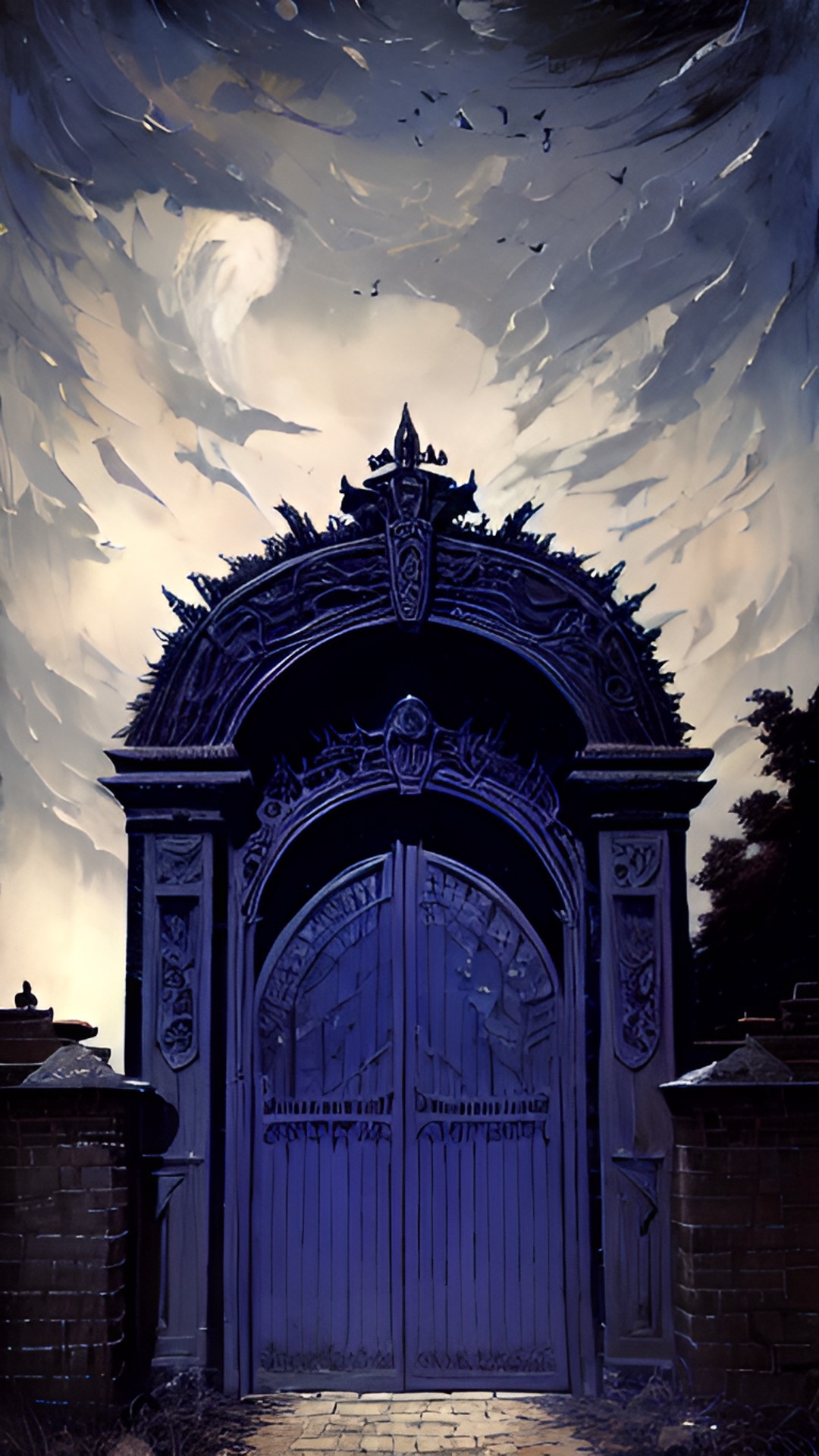 an entrance gate is a mouth of a head of a black angry raven
opening it's mouth,  people comes out of it preview