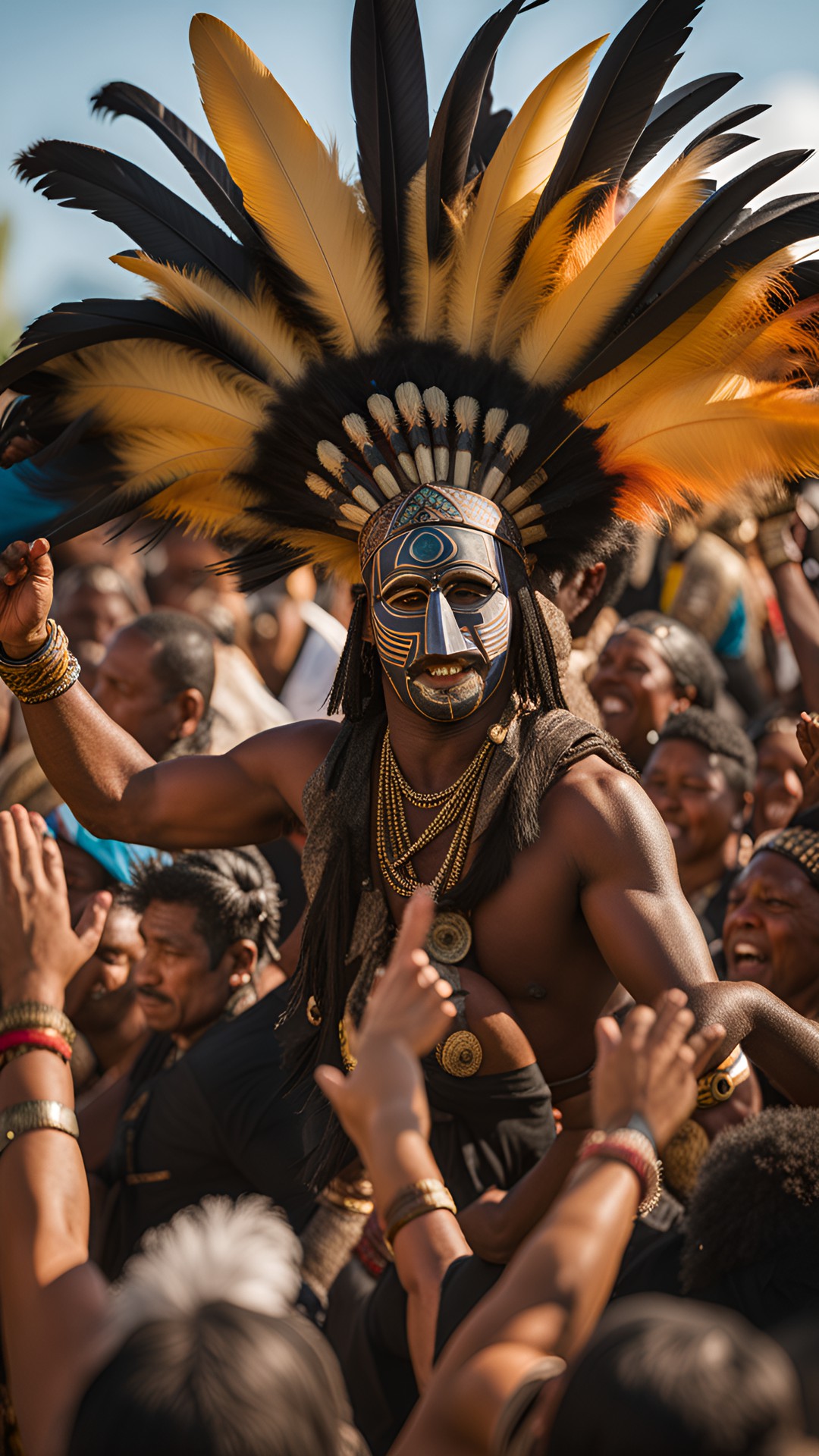 a man with a tribal mask with large feathers dancing in a larger crowd preview