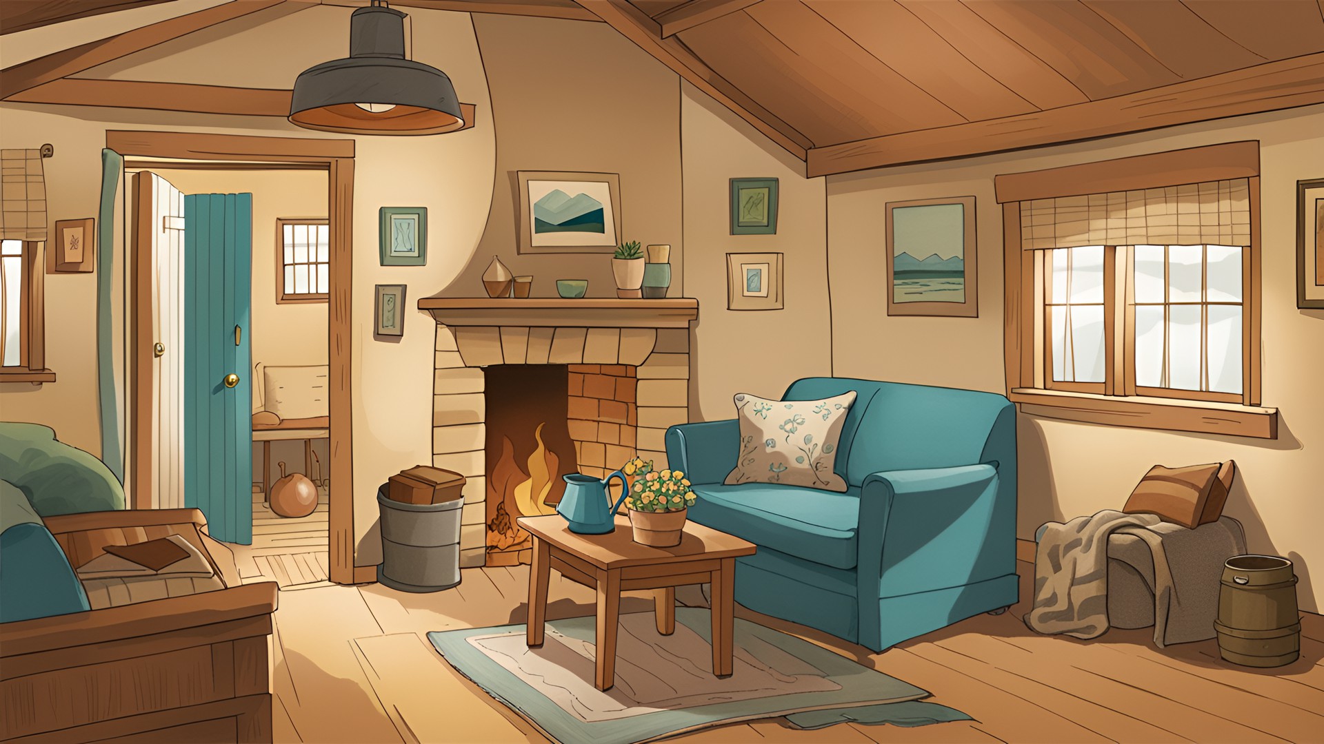 cottage interior, lived in, simple drawing, tones of brown, tan, blue, and teal preview