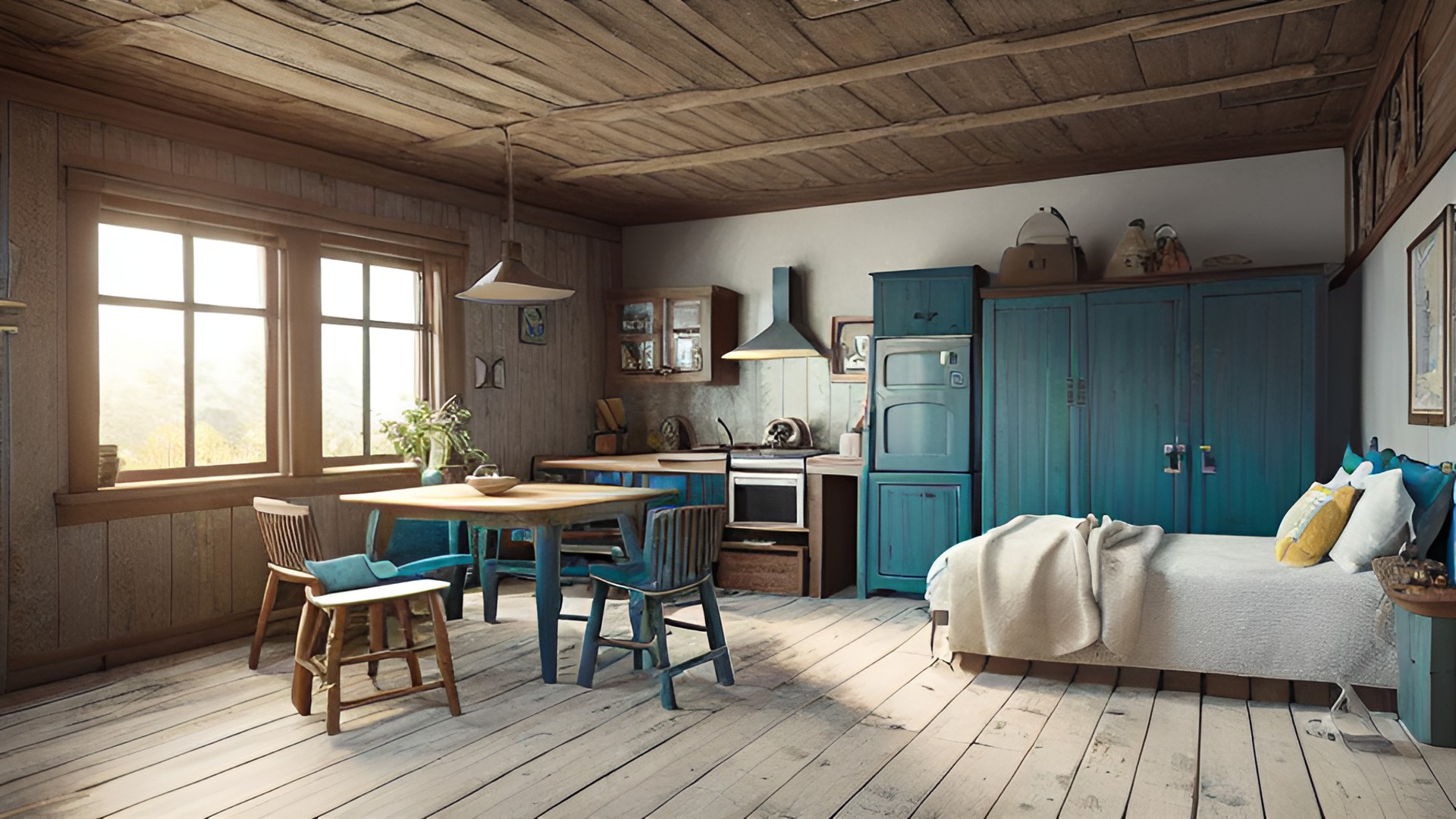 cottage interior, lived in, simple drawing, tones of brown, tan, blue, and teal preview