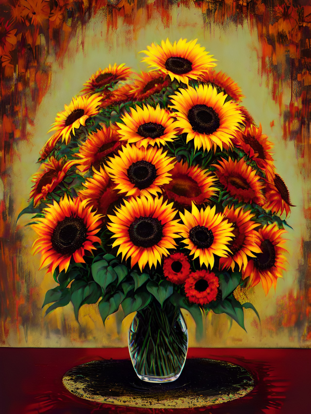 enormous bouquet of red, orange and yellow sunflowers in the style of eric wert preview