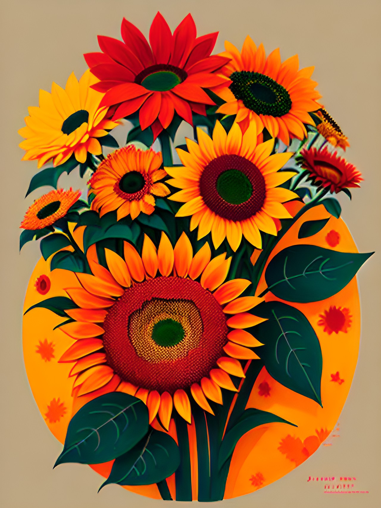 enormous bouquet of red, orange and yellow sunflowers in the style of eric wert preview