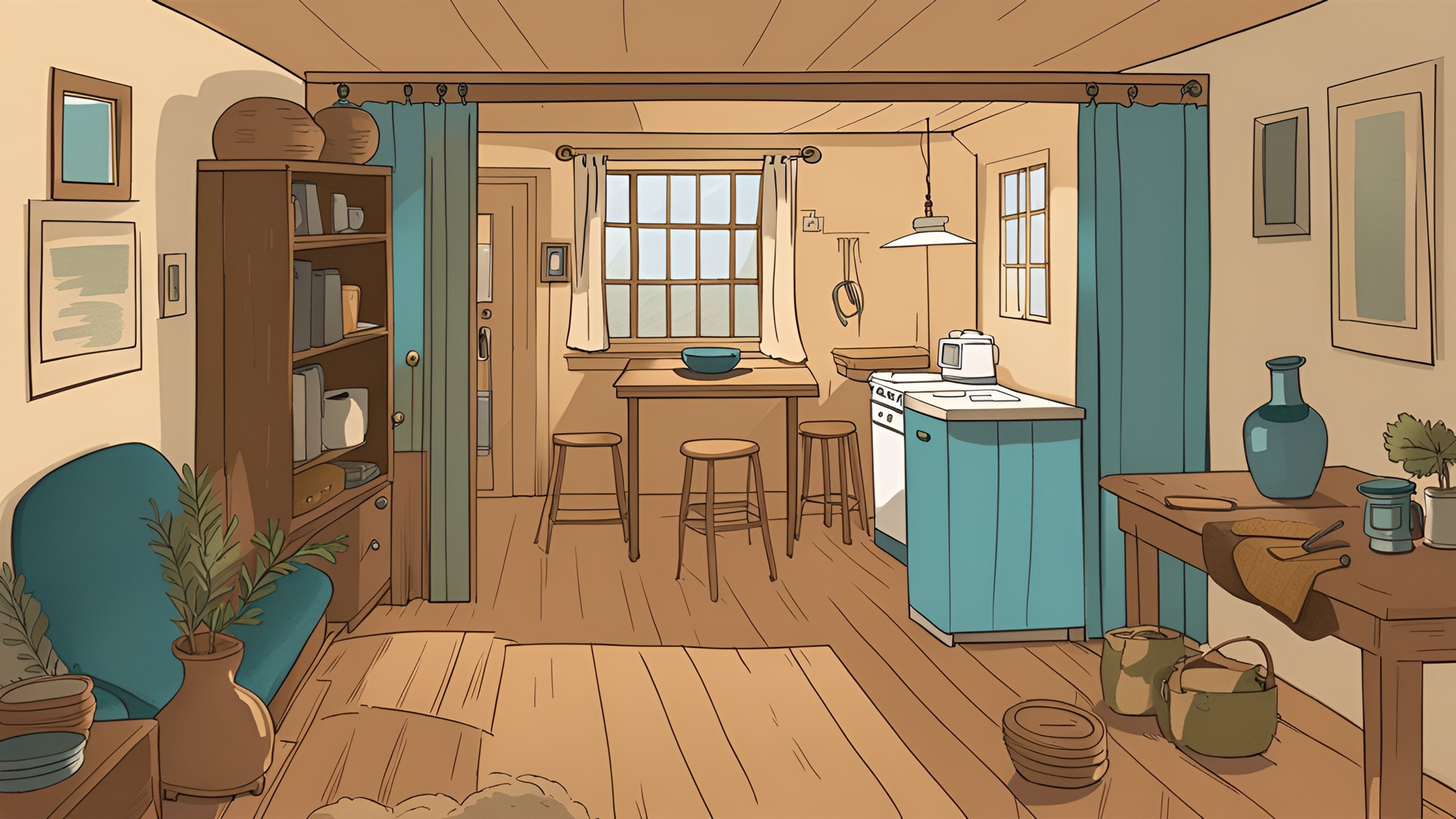 cottage interior, lived in, simple drawing, tones of brown, tan, blue, and teal preview