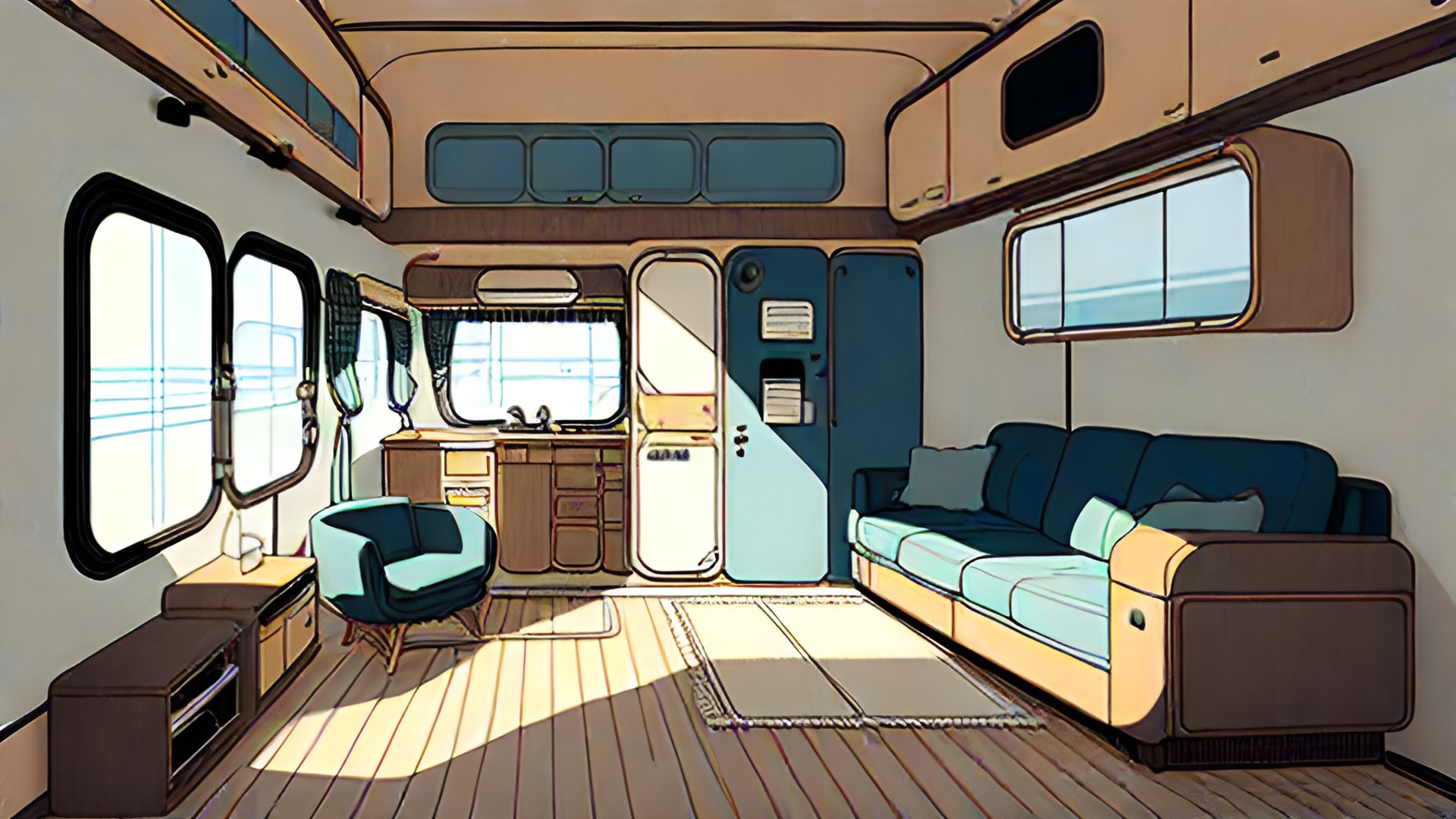 downsizing minimalism rv interior, lived in, simple drawing, tones of brown, blue, and  gray preview