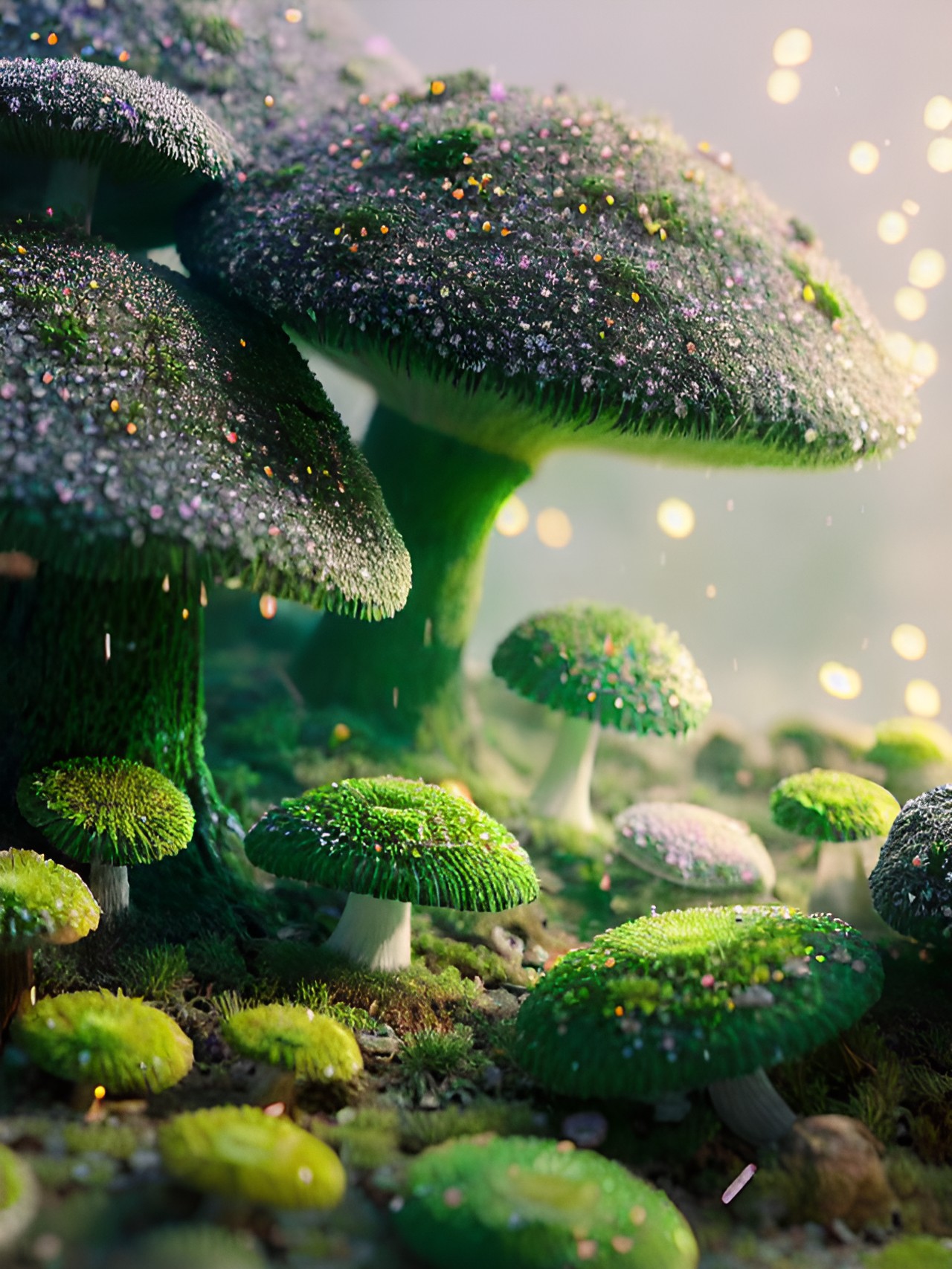 glittering mist and green fungi with sparkling spores preview