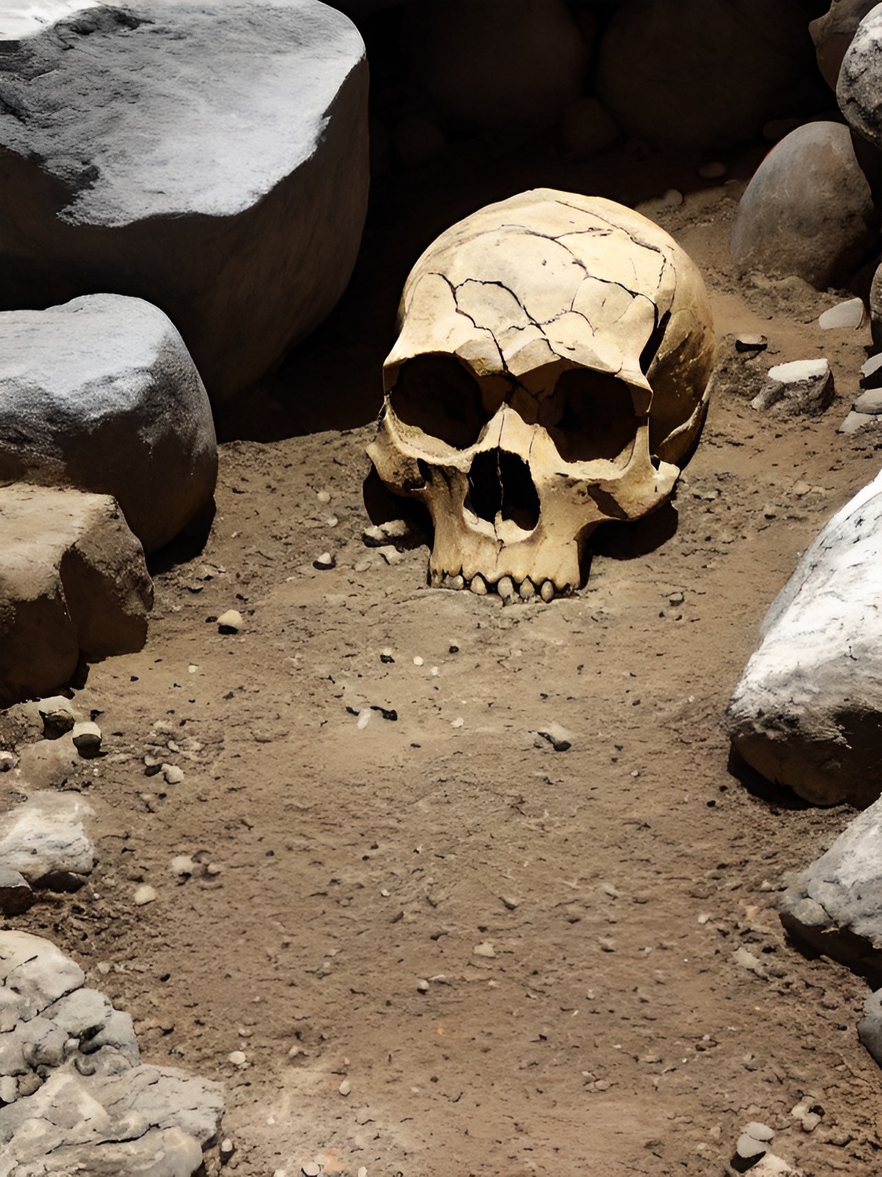 the prehistoric skull ☠️ of a neanderthal embedded in the floor of an ancient cave, stone tools, charred wood, dust, sand, cave art preview