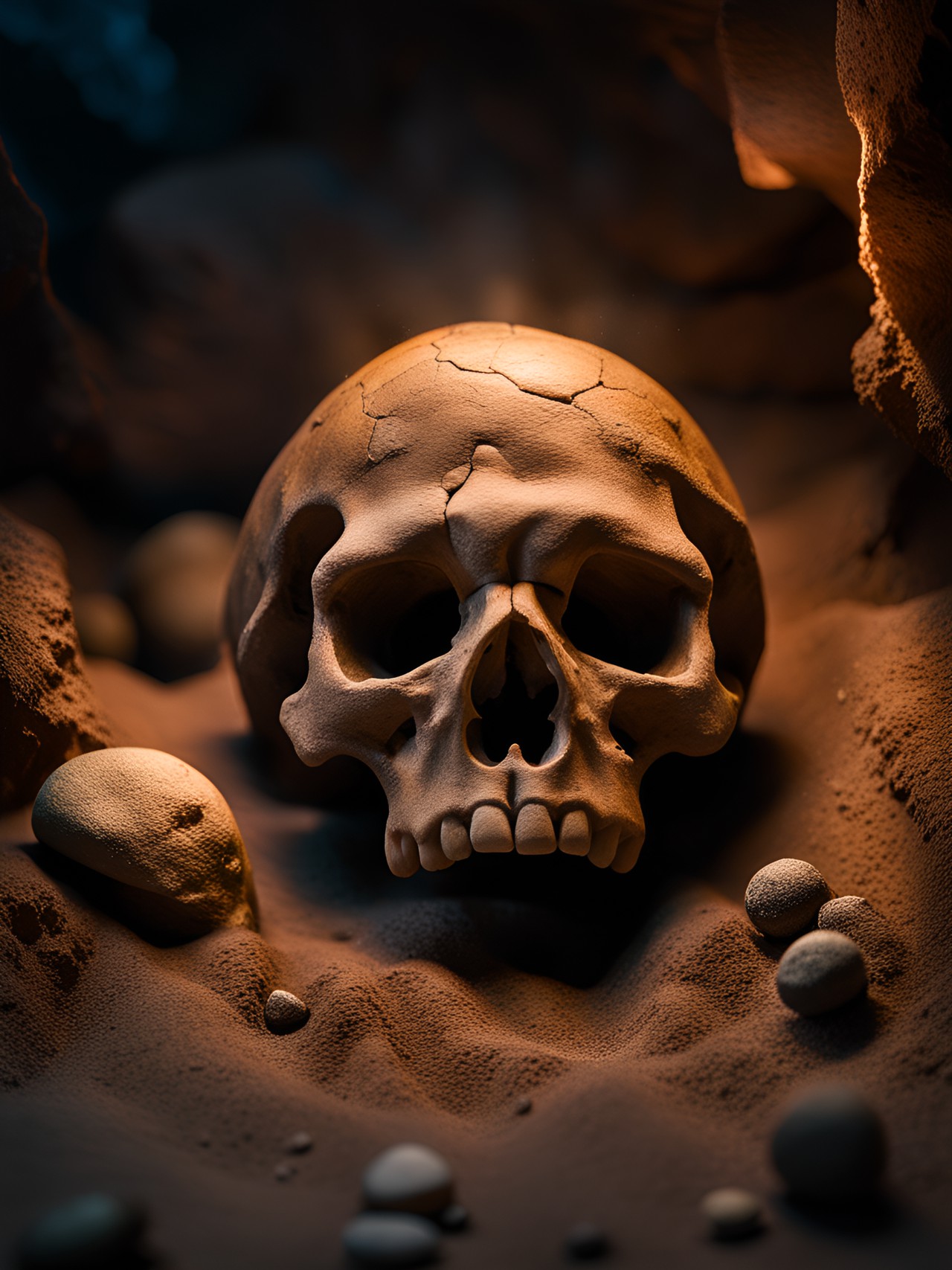 the prehistoric skull ☠️ of a neanderthal embedded in the floor of an ancient cave, stone tools, charred wood, dust, sand, cave art, burnt umbers preview