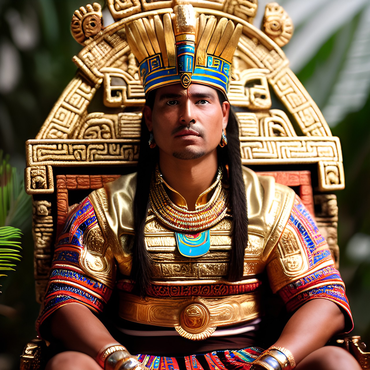 Chief Judge - in an ancient mayan temple sitting on a throne a mayan judge leans his head in his hands. he wears ancient mayan clothing, with light brown hair, preview