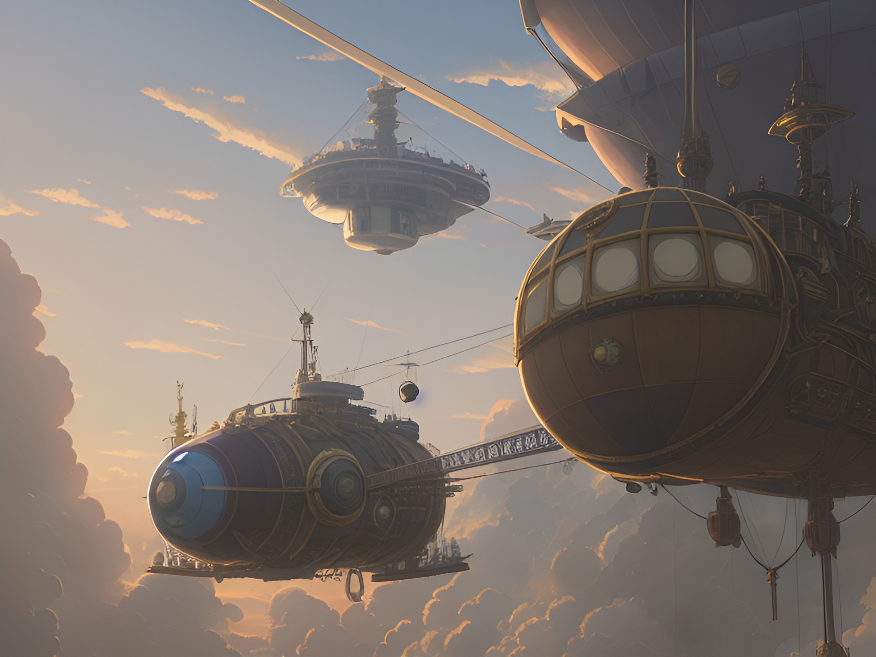 steampunk airship with two spherical repulsive engines preview