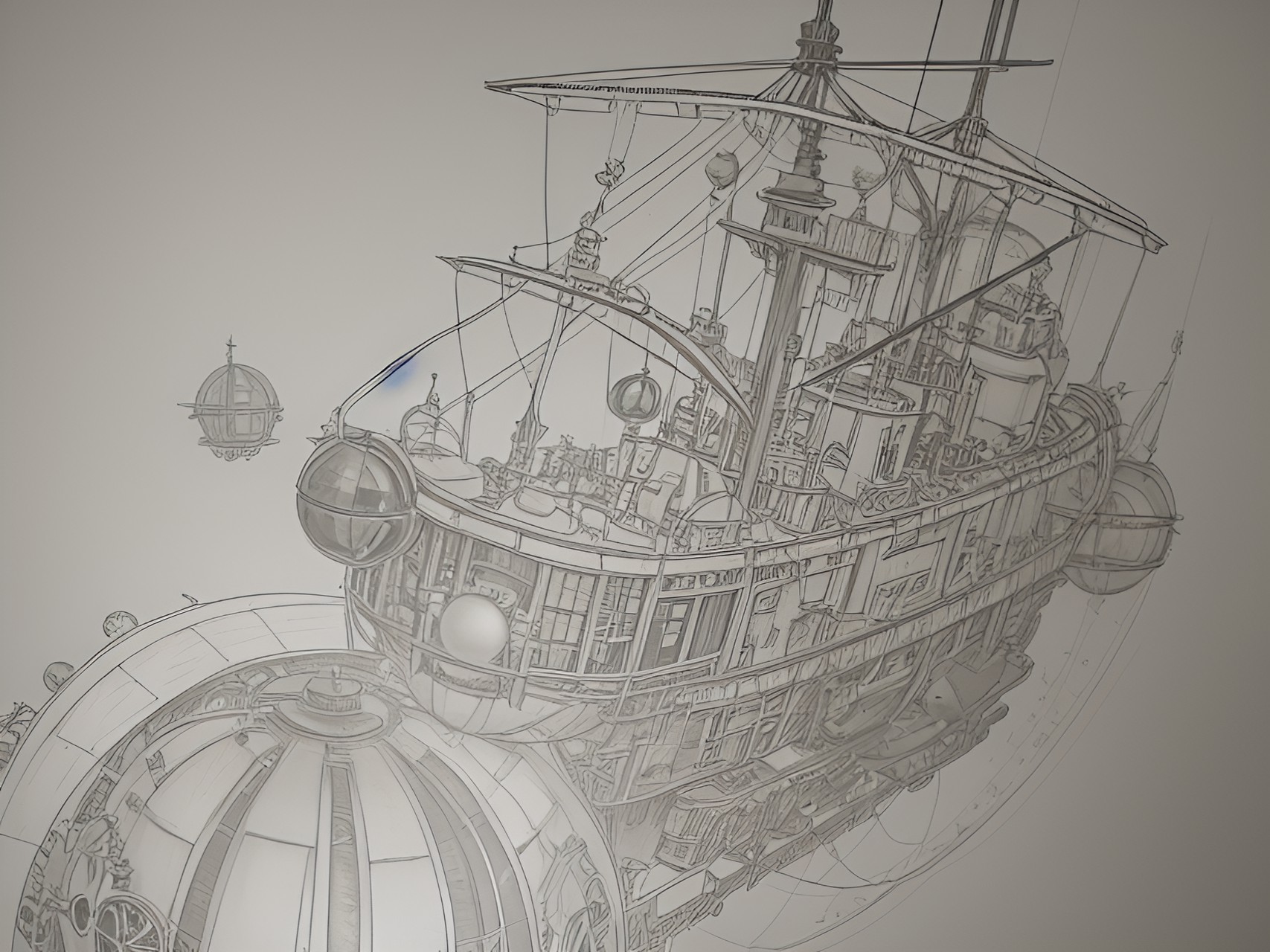 steampunk airship with two spherical repulsive engines preview