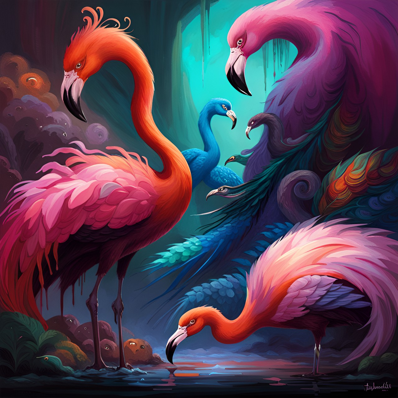 Flamingo Beasts - flamingo eating peacock preview