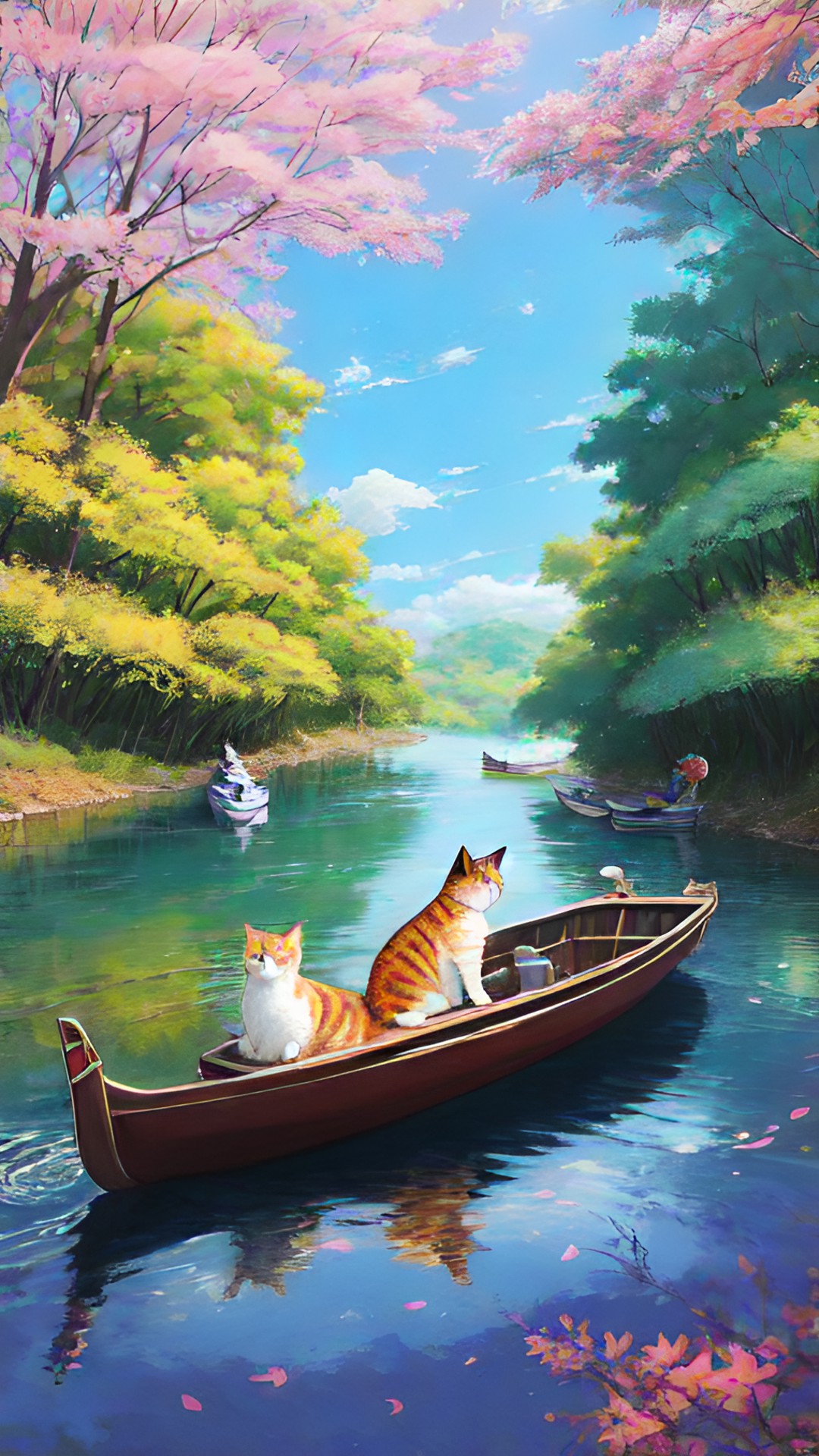 cat in a boat on a river in the woods preview