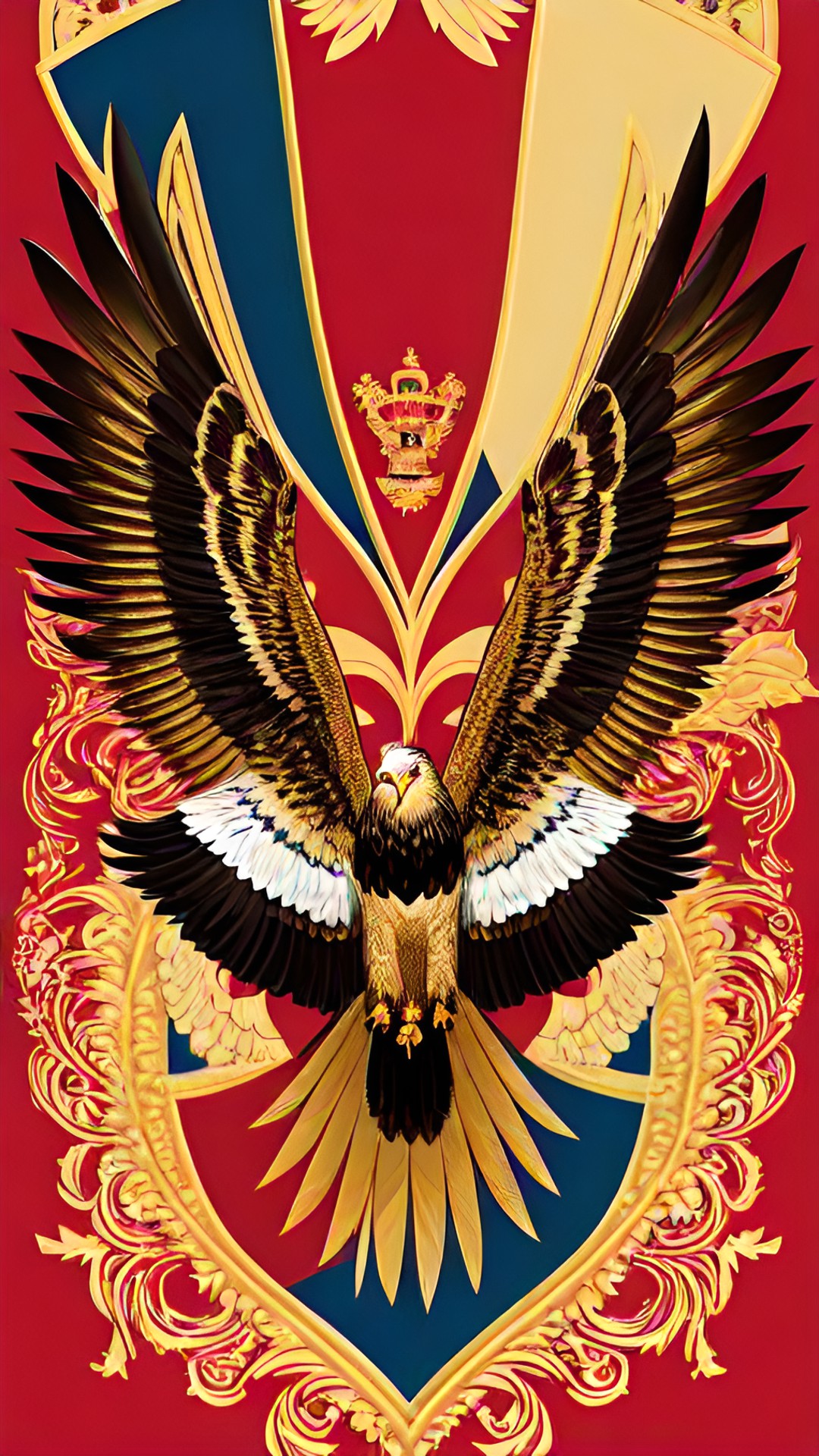 create an image of a golden eagle in the form of a pattern resembling a coat of arms on a red background stylized as an artistic theme preview