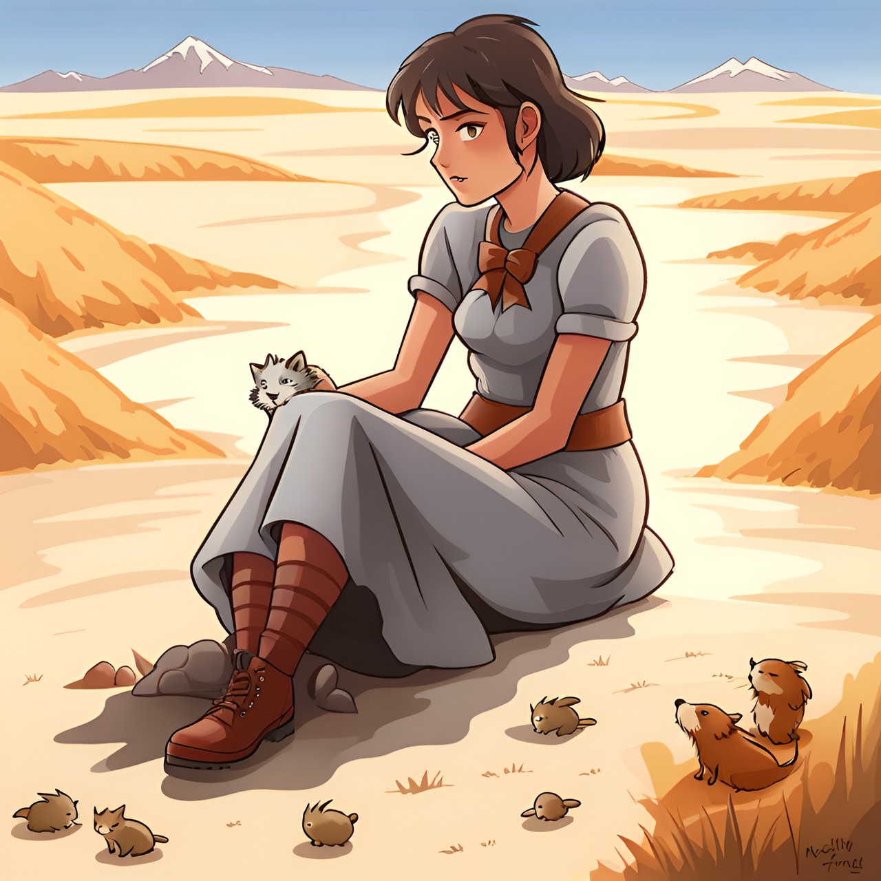 woman in the wasteland with fluffy little critter friends preview