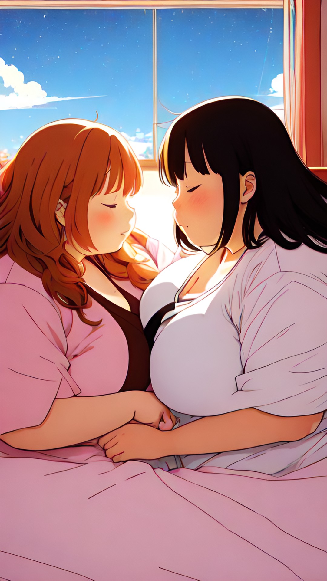 two obese women in bed together sleeping preview