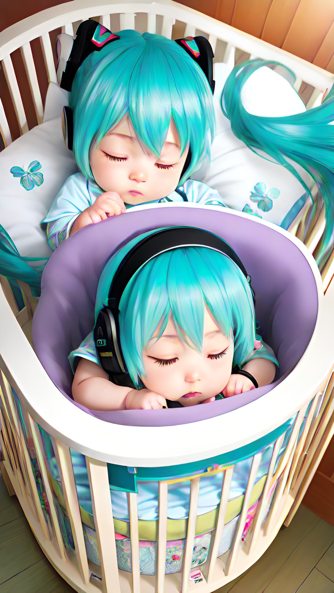 hatsune miku as a baby in a crib with eyes closed preview