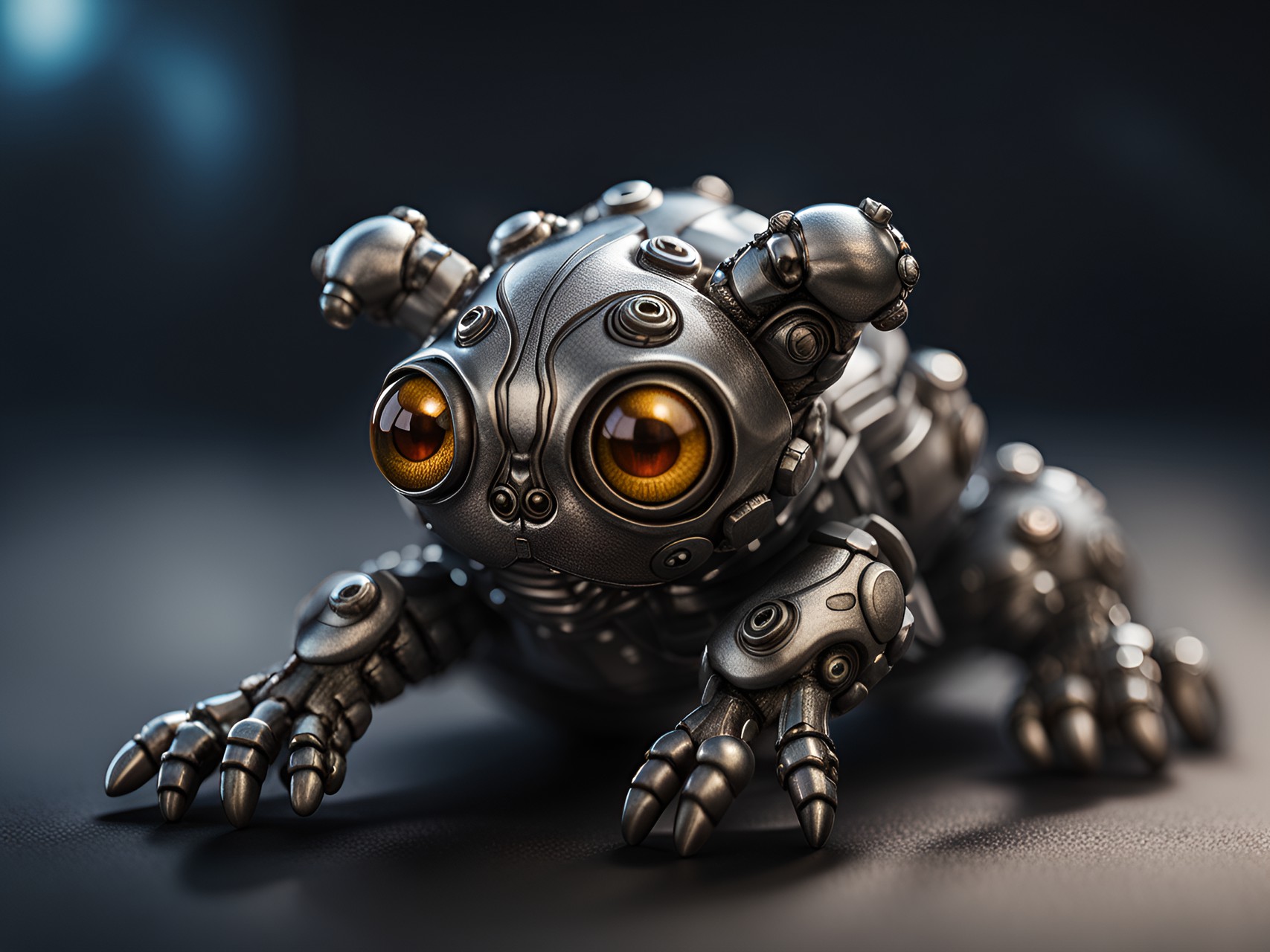 a random living thing with detailed legs paws and eyes made out of hyper detailed and hyper realistic metal. preview