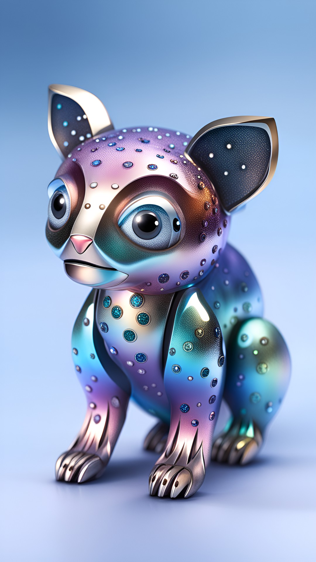 an adorable living thing with detailed legs paws and eyes made out of hyper detailed and hyper realistic metal. glittery glossy glowing prismatic preview