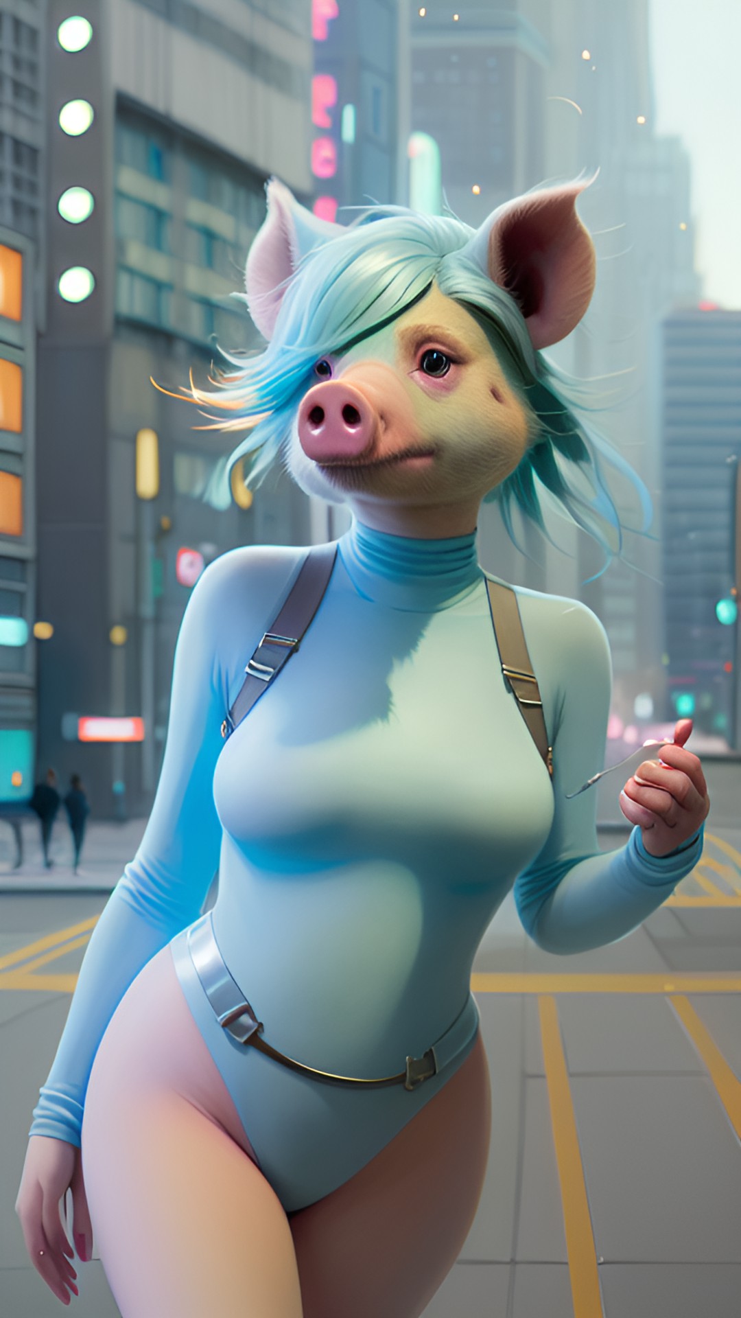 anthropomorphic human woman pig with light blue hair preview