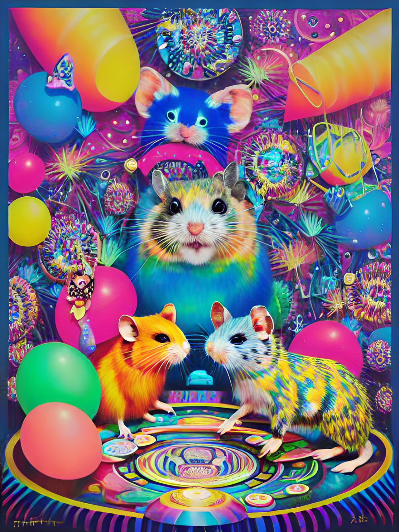 Feral Hamsters Party - a rave featuring dancing, feral hamsters in all sorts of clothing. they're wearing brightly colored clothes and glow sticks, and they're dancing wildly to the music. they look like they're having a great time preview