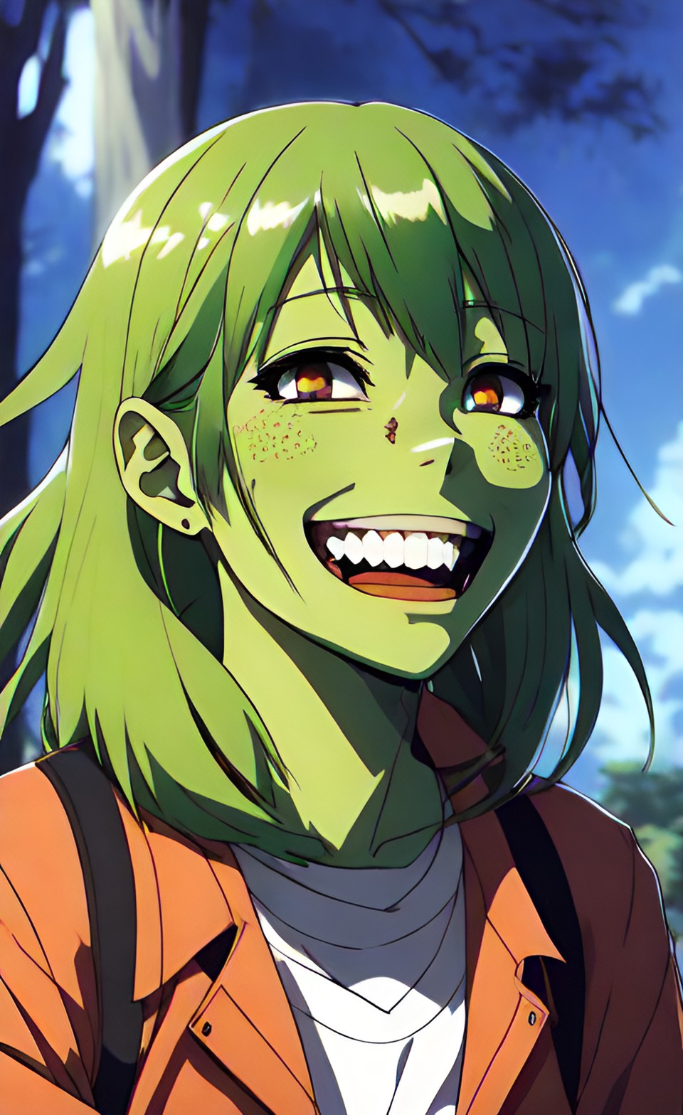 anthropomorphic human woman zombie with green skin smiling preview