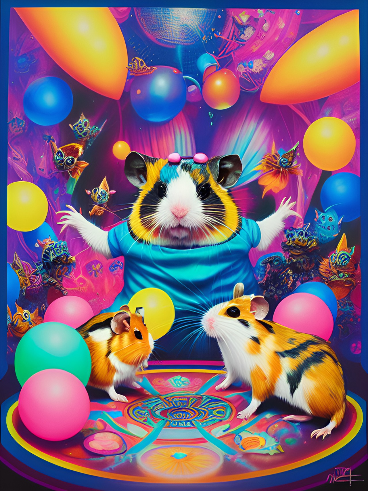 a rave featuring dancing, feral hamsters in all sorts of clothing. they're wearing brightly colored clothes and glow sticks, and they're dancing wildly to the music. they look like they're having a great time preview