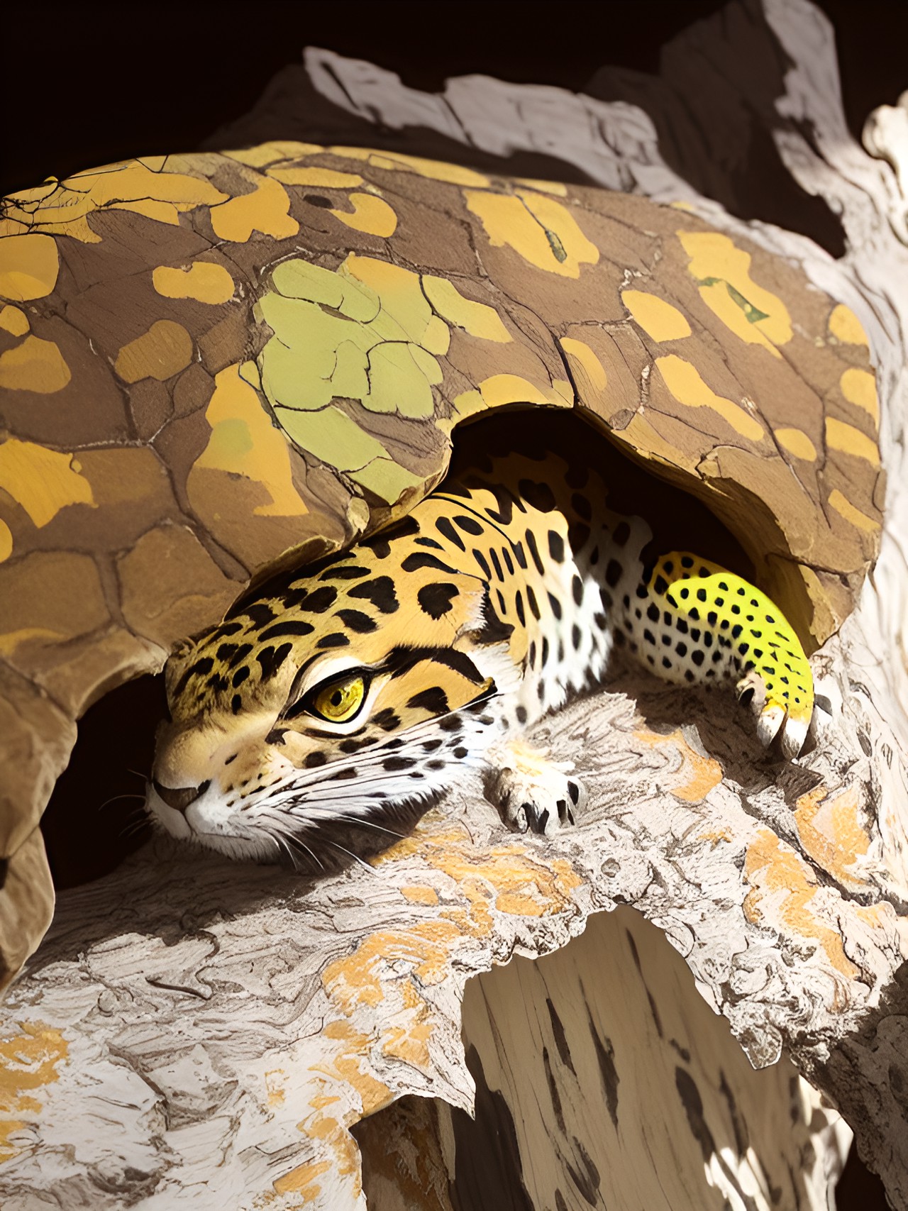 Catgecko - leopard gecko - a leopard gecko with striking green  yellow and black markings. he's perched atop a rock, surveying his kingdom. - preview