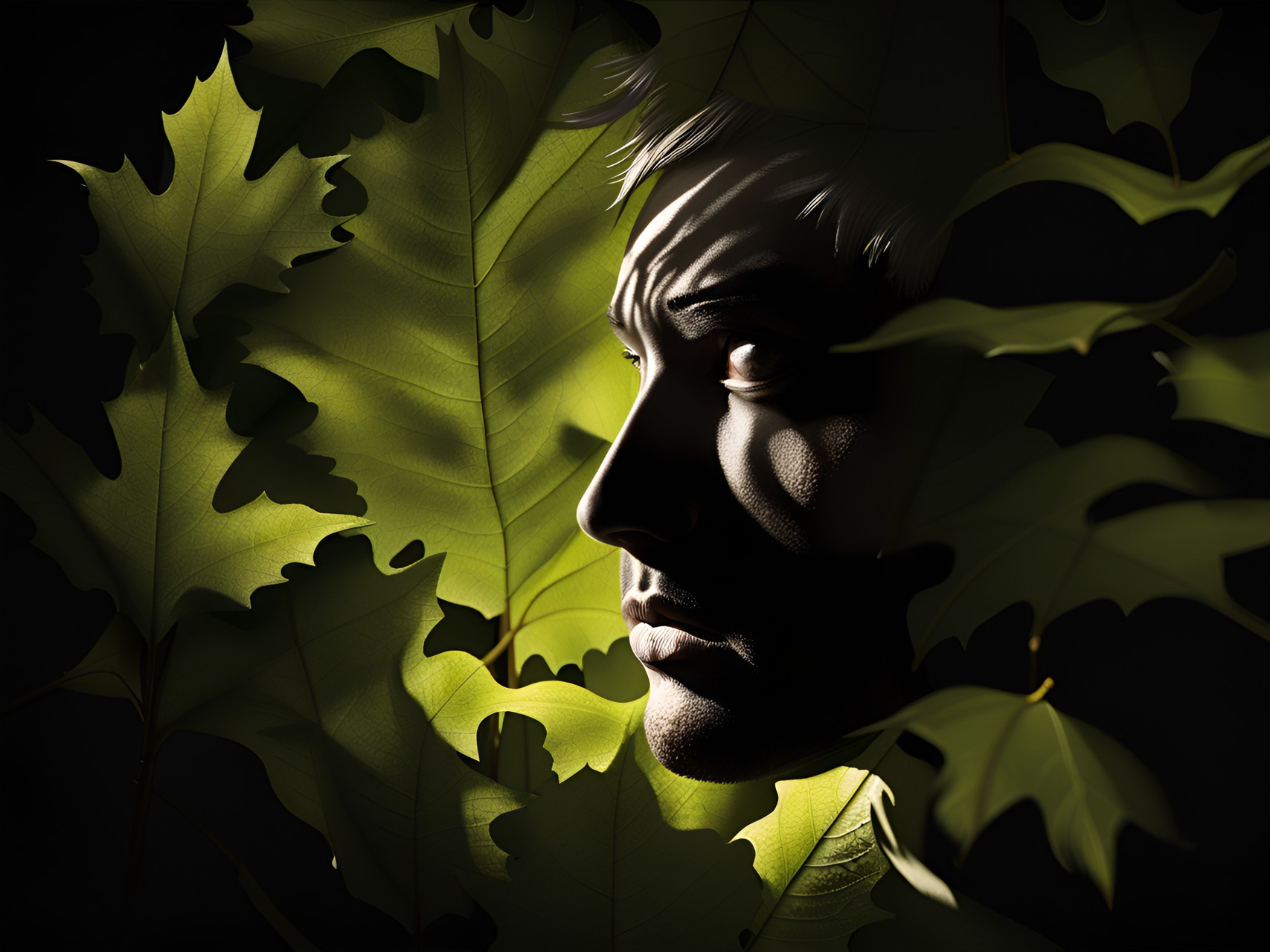 light shines through leaves casting his face in shadow. he has work to do. preview