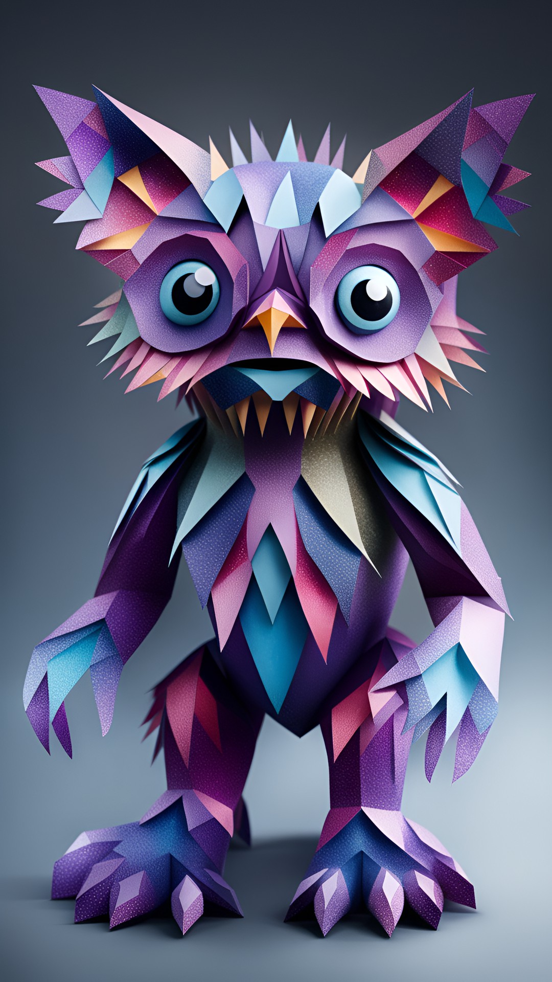 an adorable monster with detailed legs paws and eyes made out of hyper detailed and hyper realistic folded paper. glittery glossy glowing prismatic preview