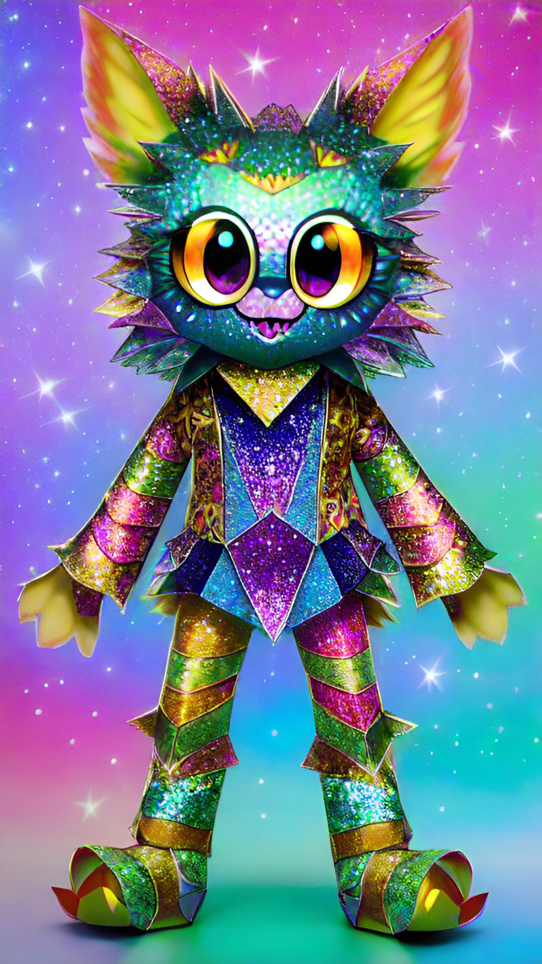 Disco Jack - an adorable monster with detailed legs paws and eyes made out of hyper detailed and hyper realistic folded paper. glittery glossy glowing prismatic preview