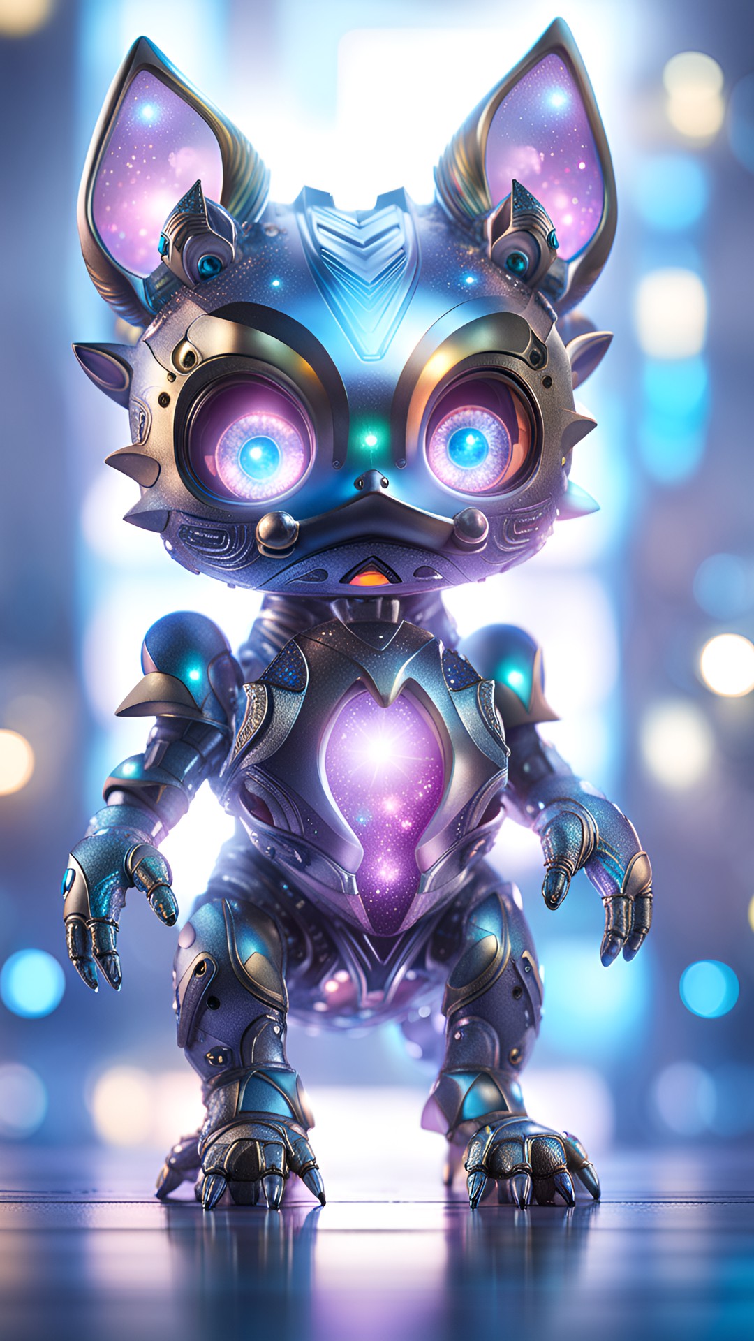 an adorable living thing with detailed legs paws and eyes made out of hyper detailed and hyper realistic metal. glittery glossy glowing prismatic preview