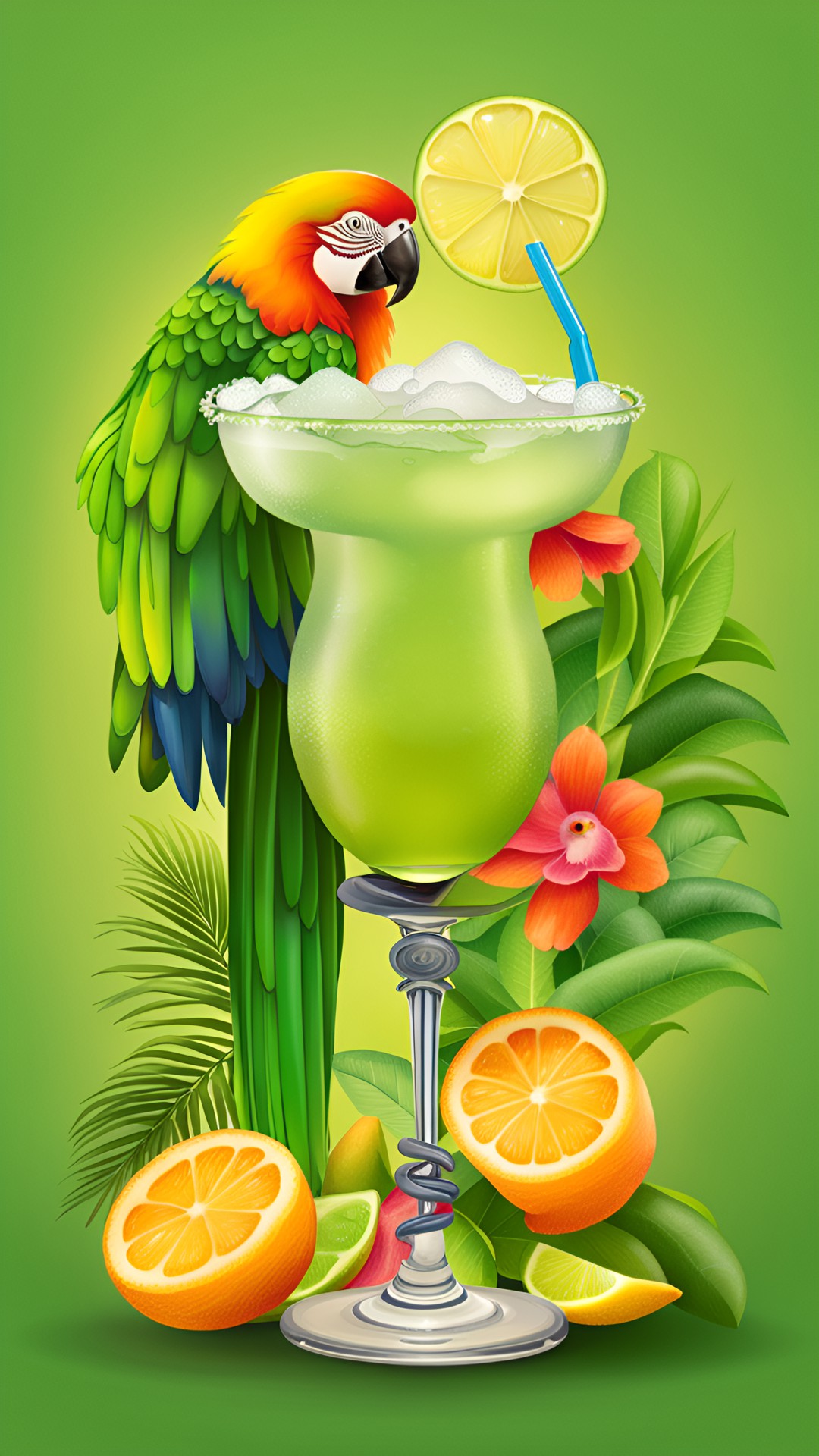 Tropical drink - margarita cocktail and parrot preview