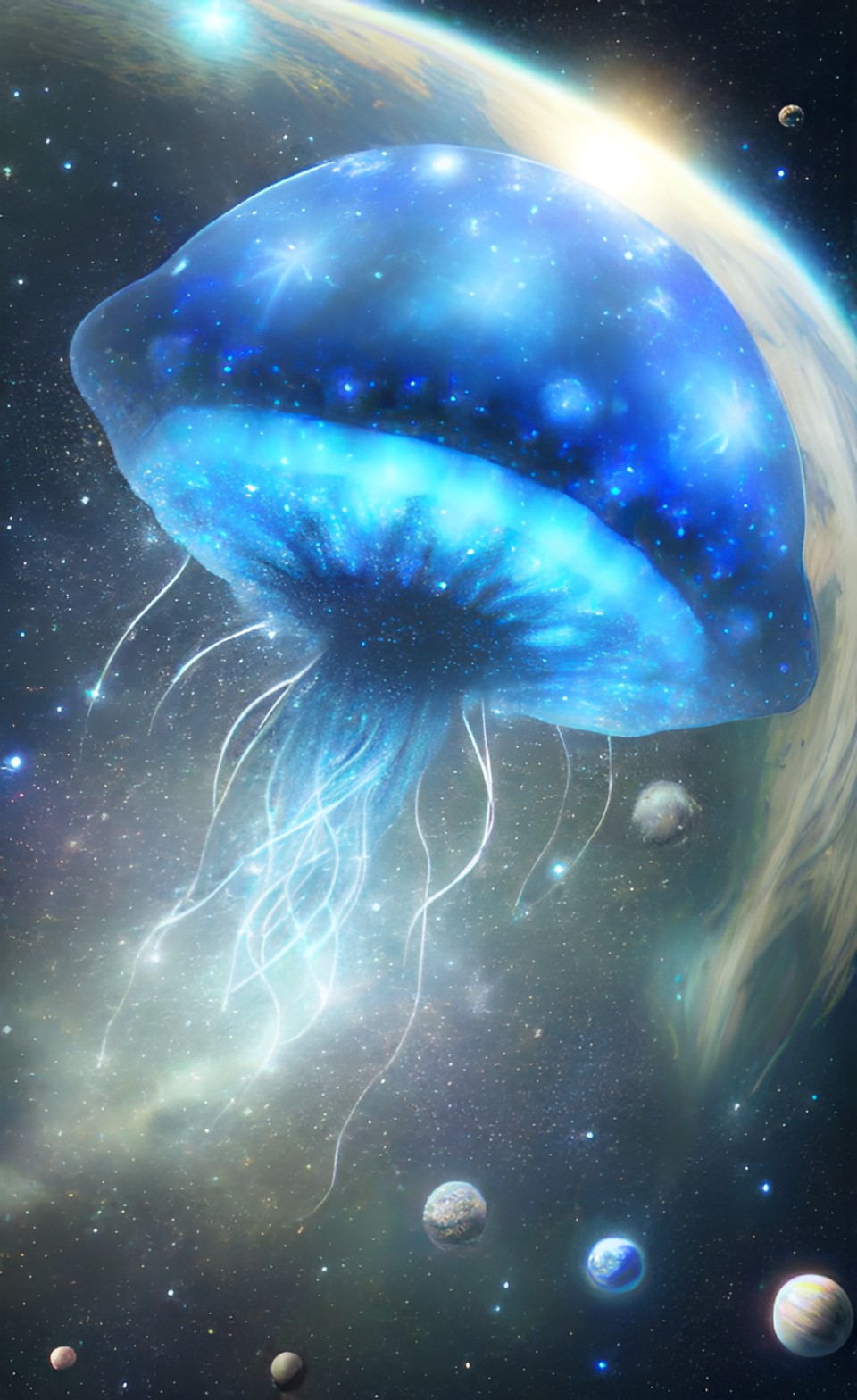 Cosmic meduza - space jellyfish in a gray-blue star space and planets,hdr style, soft touch style, preview