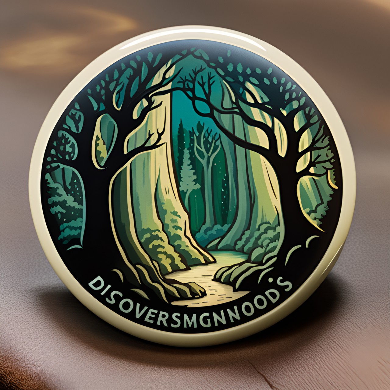 a button depicting a mystical forest scene with the text "discover whispering woods' enchantment." preview