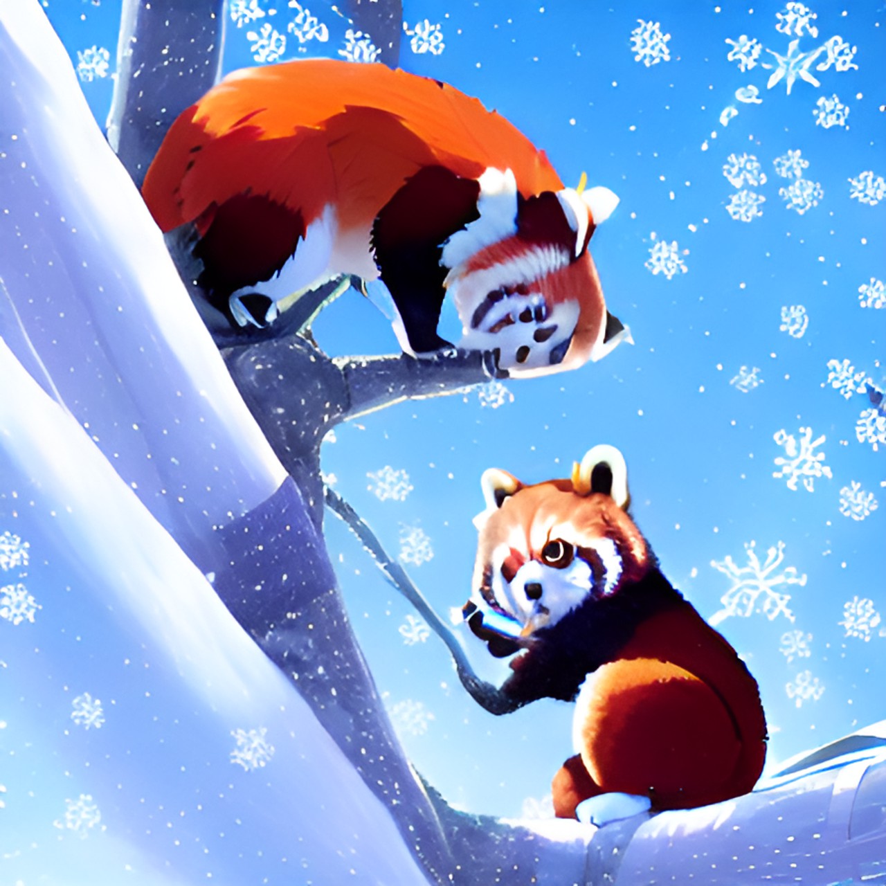 Red pandas on trees - red panda shoving bamboo in its mouth, sitting on a tree, watching a bird fly by preview