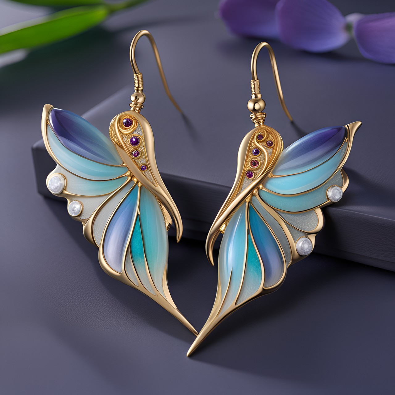 fairy wing earrings: delicate earrings crafted from ethereal fairy wings, adorned with shimmering gemstones that capture the essence of moonlight. preview